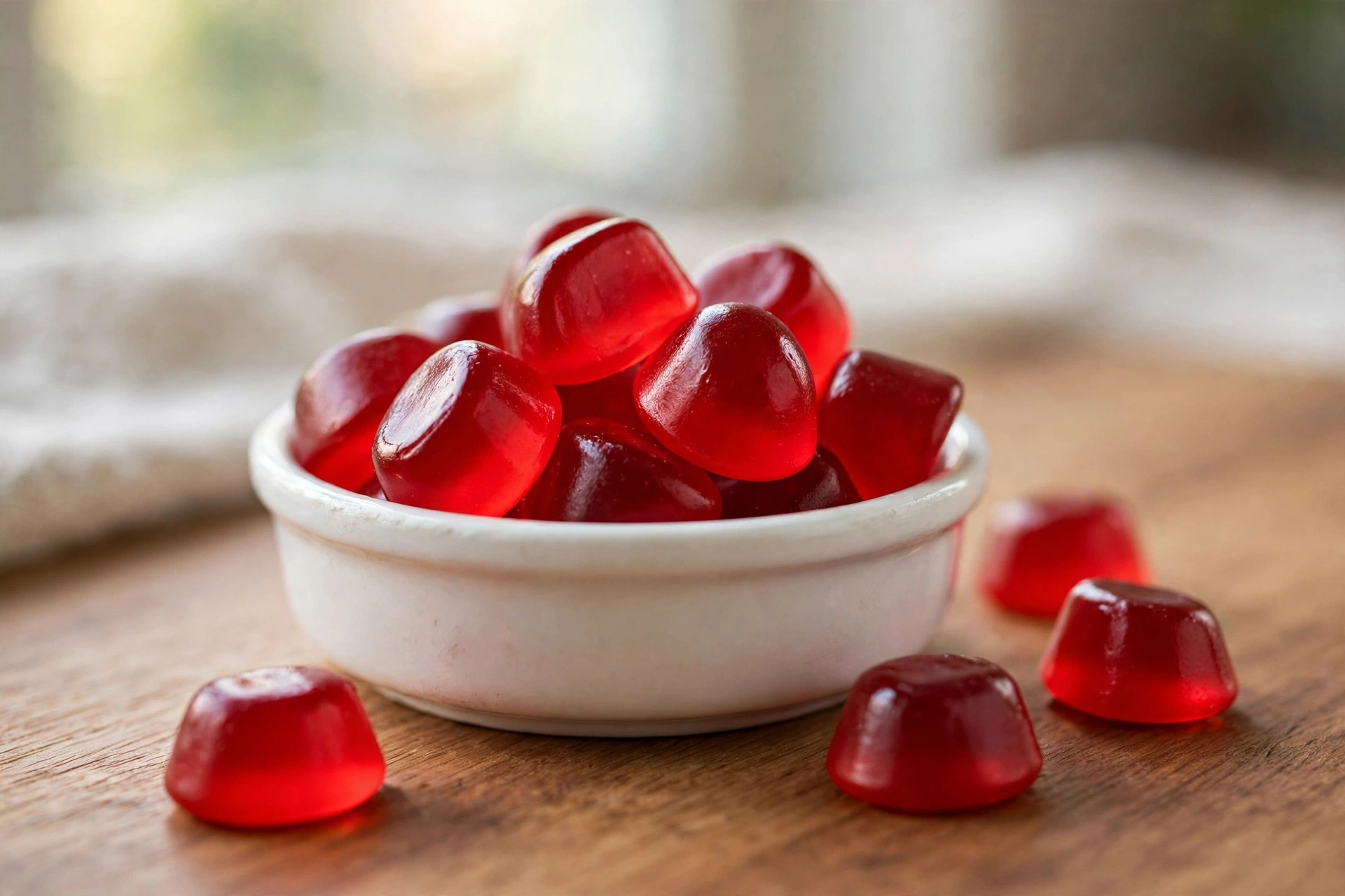 Close-up of red gummy supplements in a small dish, showing the gummy form of the product
