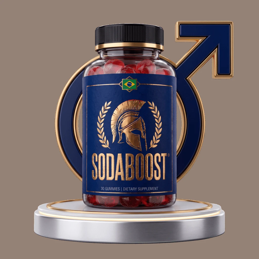 Sodaboost men's virility gummy bottle with navy and gold label, red gummies visible