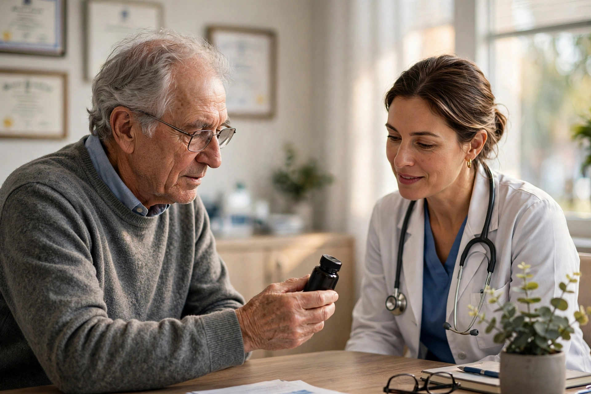 Older man discussing a supplement bottle with his doctor in a bright medical office