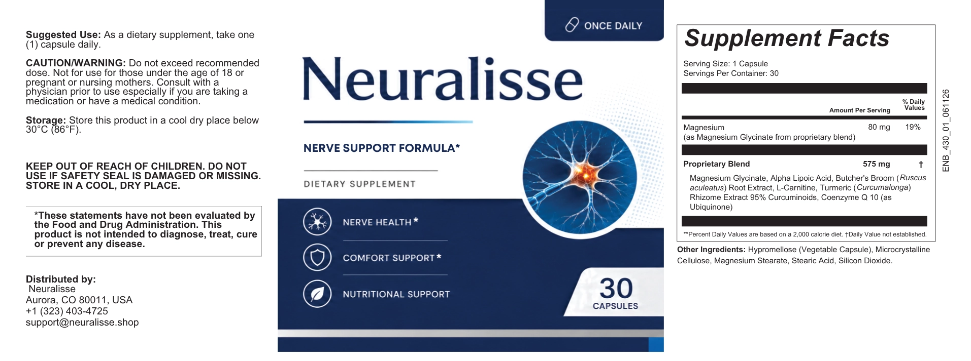 Neuralisse bottle label showing the full Supplement Facts panel