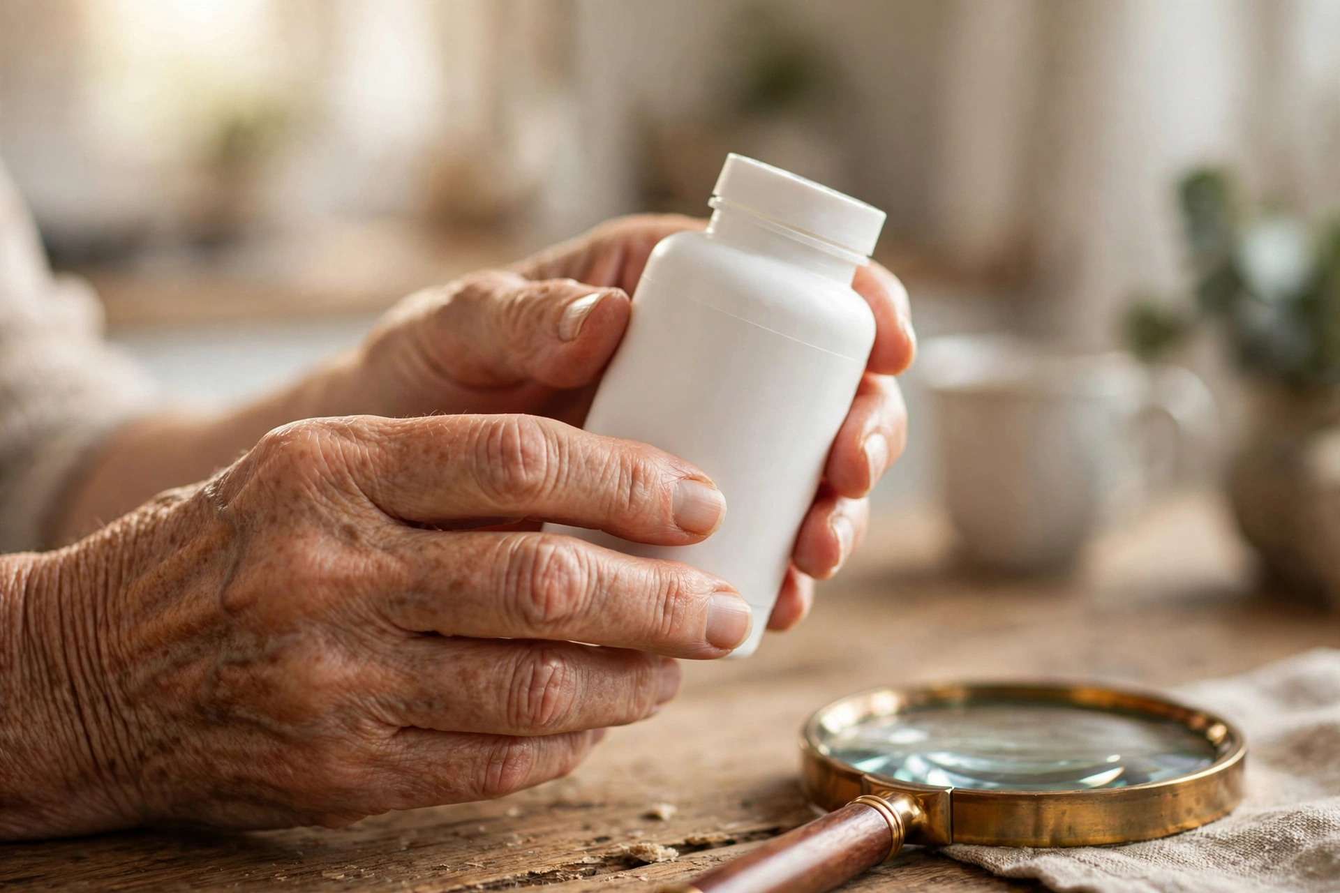 Older woman carefully reading a supplement bottle label at her kitchen table
