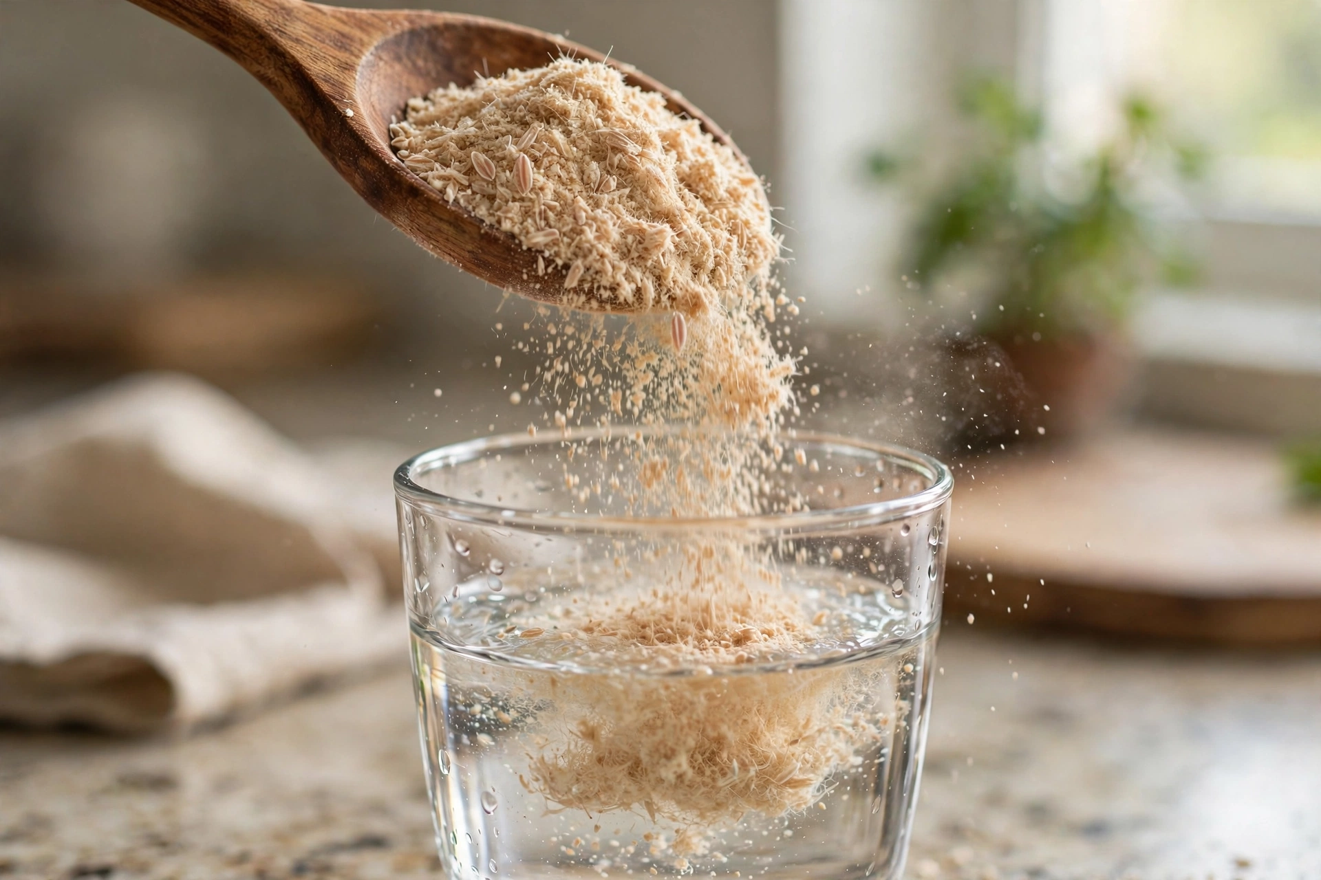 Glass of water with psyllium husk fiber supplement beside a spoon