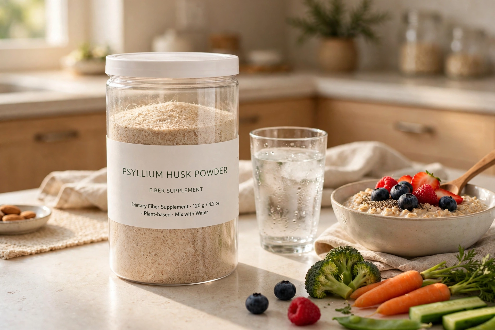 High-fiber foods including beans, berries, oats and vegetables arranged on a table