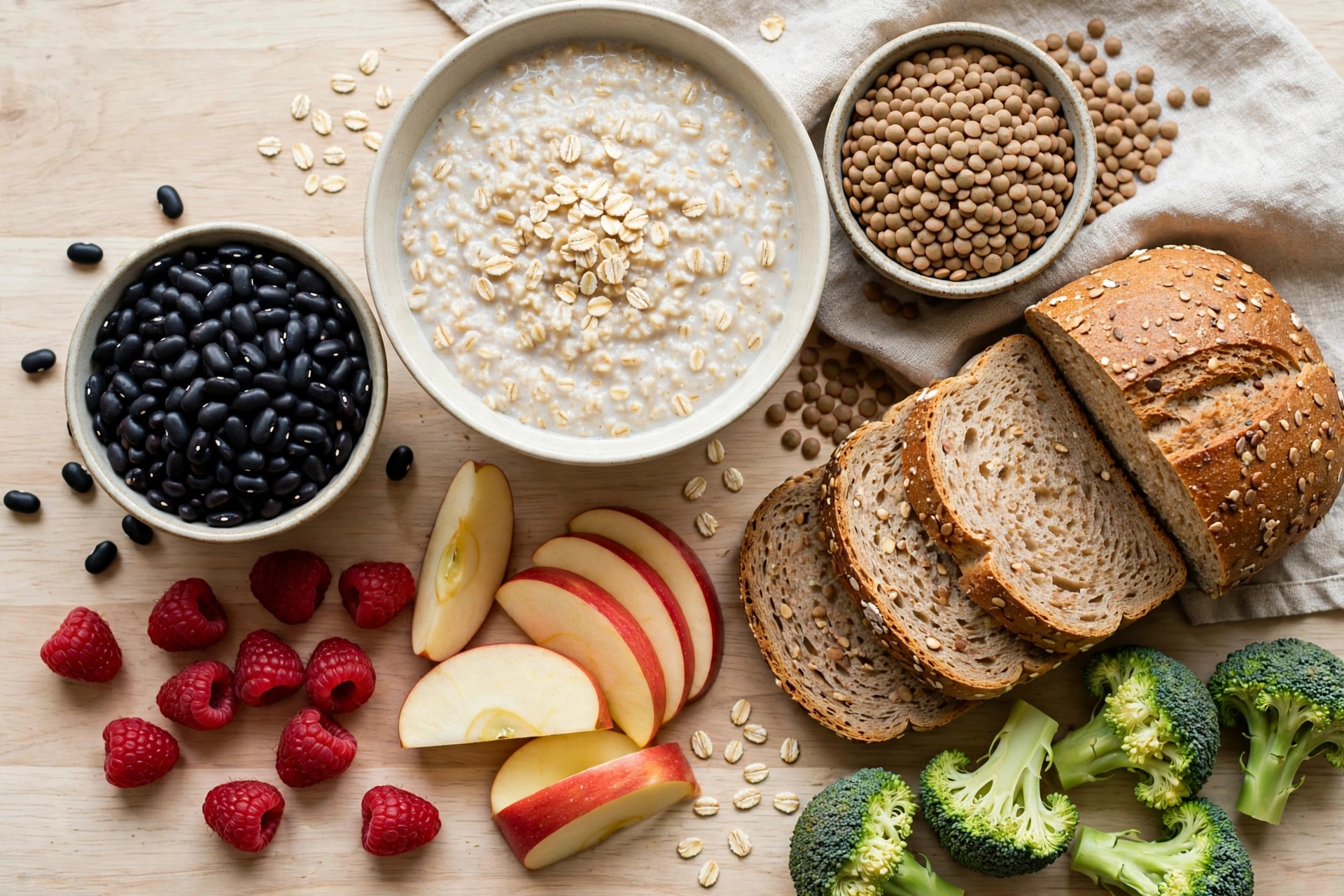 Colorful high-fiber foods: beans, lentils, berries, oats, and vegetables on a table