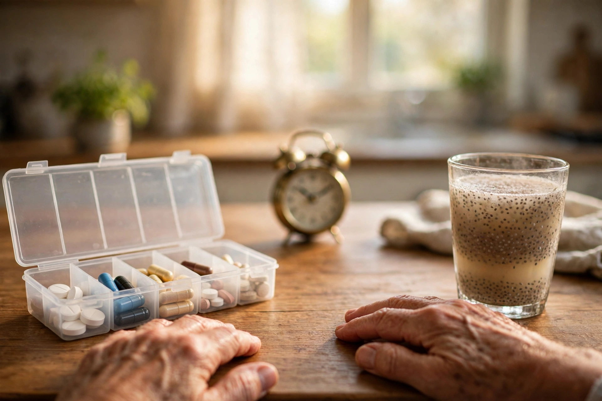 Older adult organizing daily medications and supplements with a glass of water