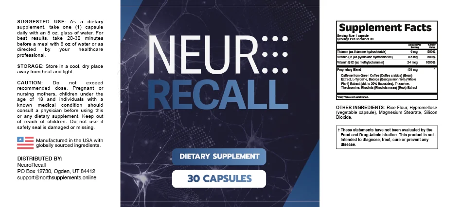 The NeuroRecall Supplement Facts label showing the vitamin doses and the 151 mg proprietary blend