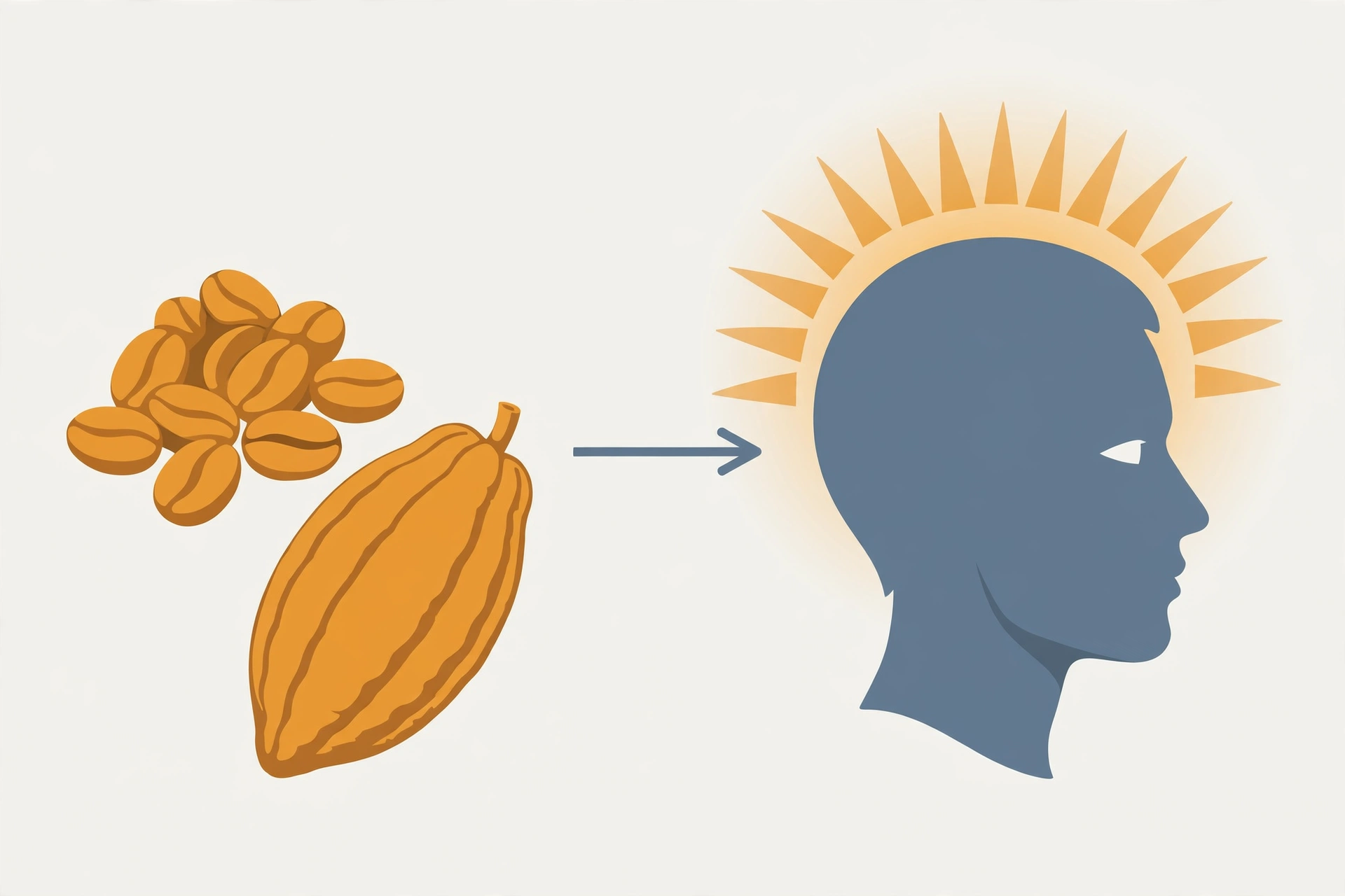 Illustration showing coffee beans and cocoa connected to an alert human head, representing how caffeine creates a feeling of alertness