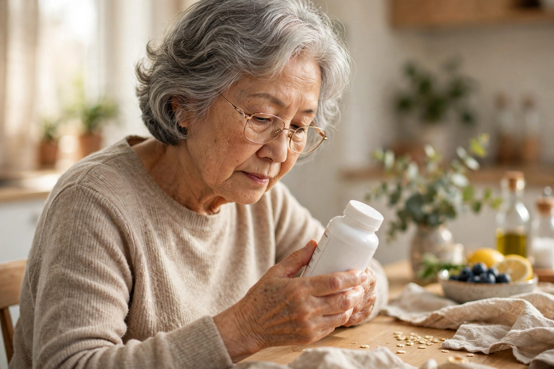 Older woman reading a supplement bottle label at a kitchen table
