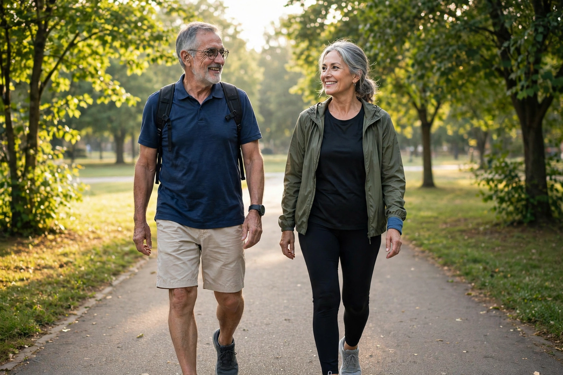 Active senior couple walking on a sunny park path