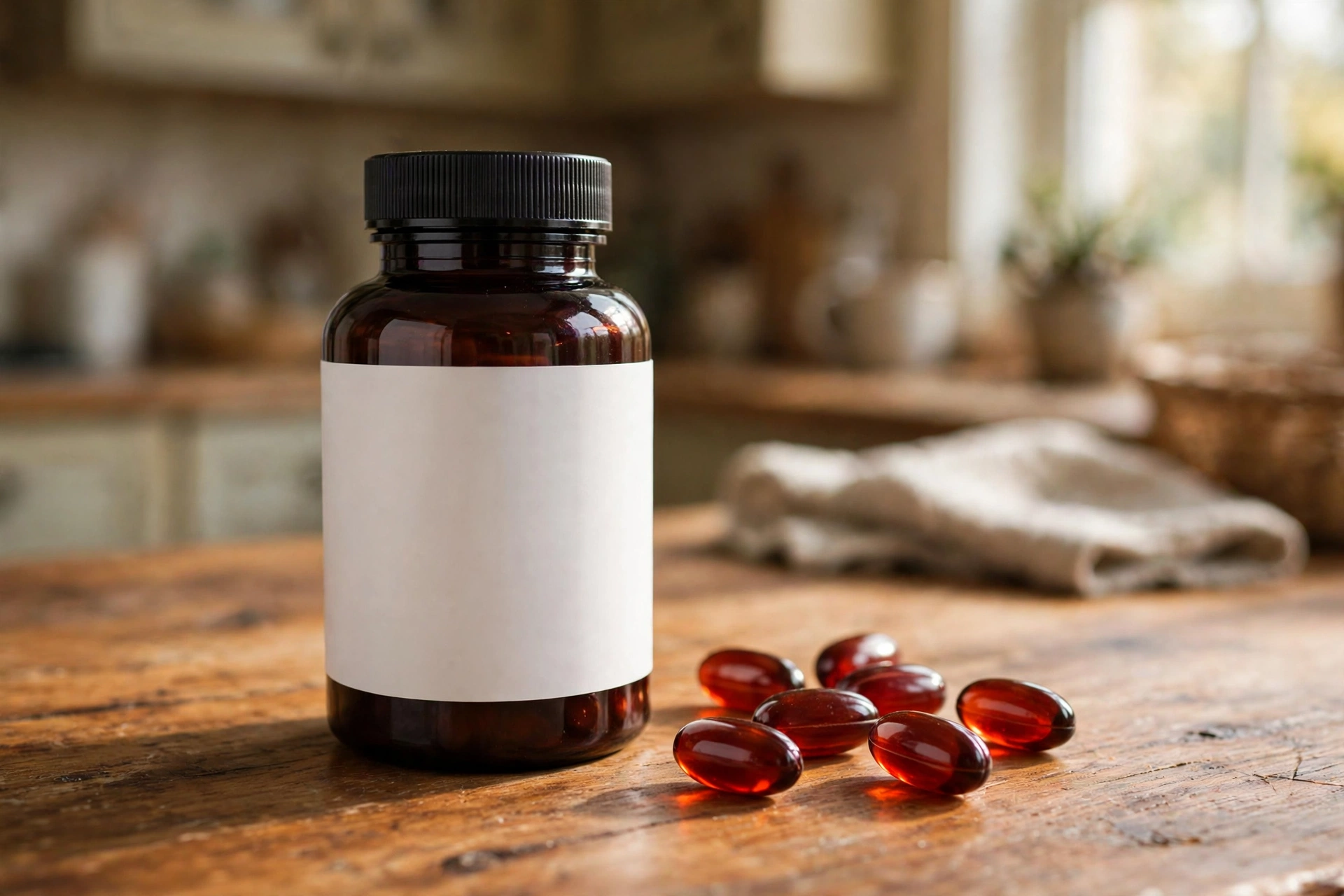 Astaxanthin supplement bottle with red softgel capsules on a wooden table