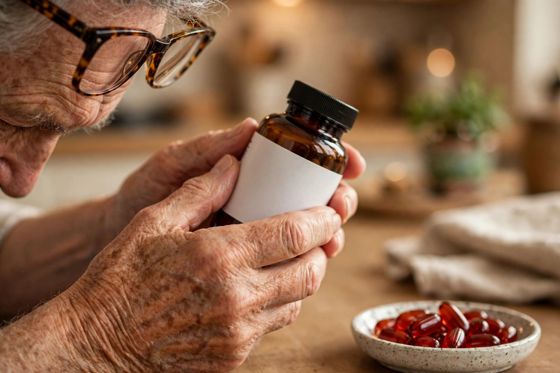 Older adult carefully reading an astaxanthin supplement label before buying