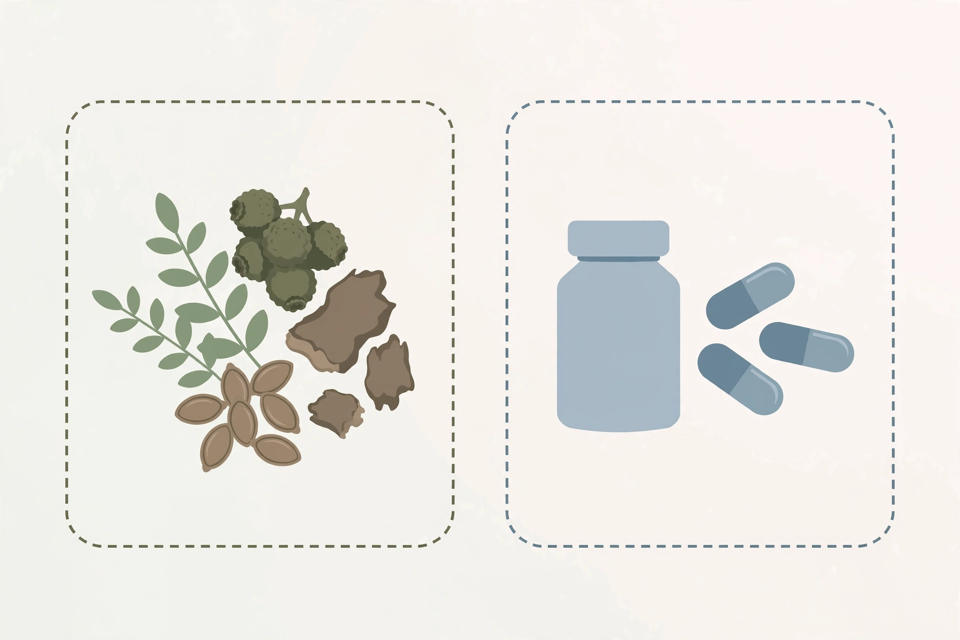 Illustration comparing researched prostate botanicals such as berries, leaves, and seeds with a supplement bottle and capsules