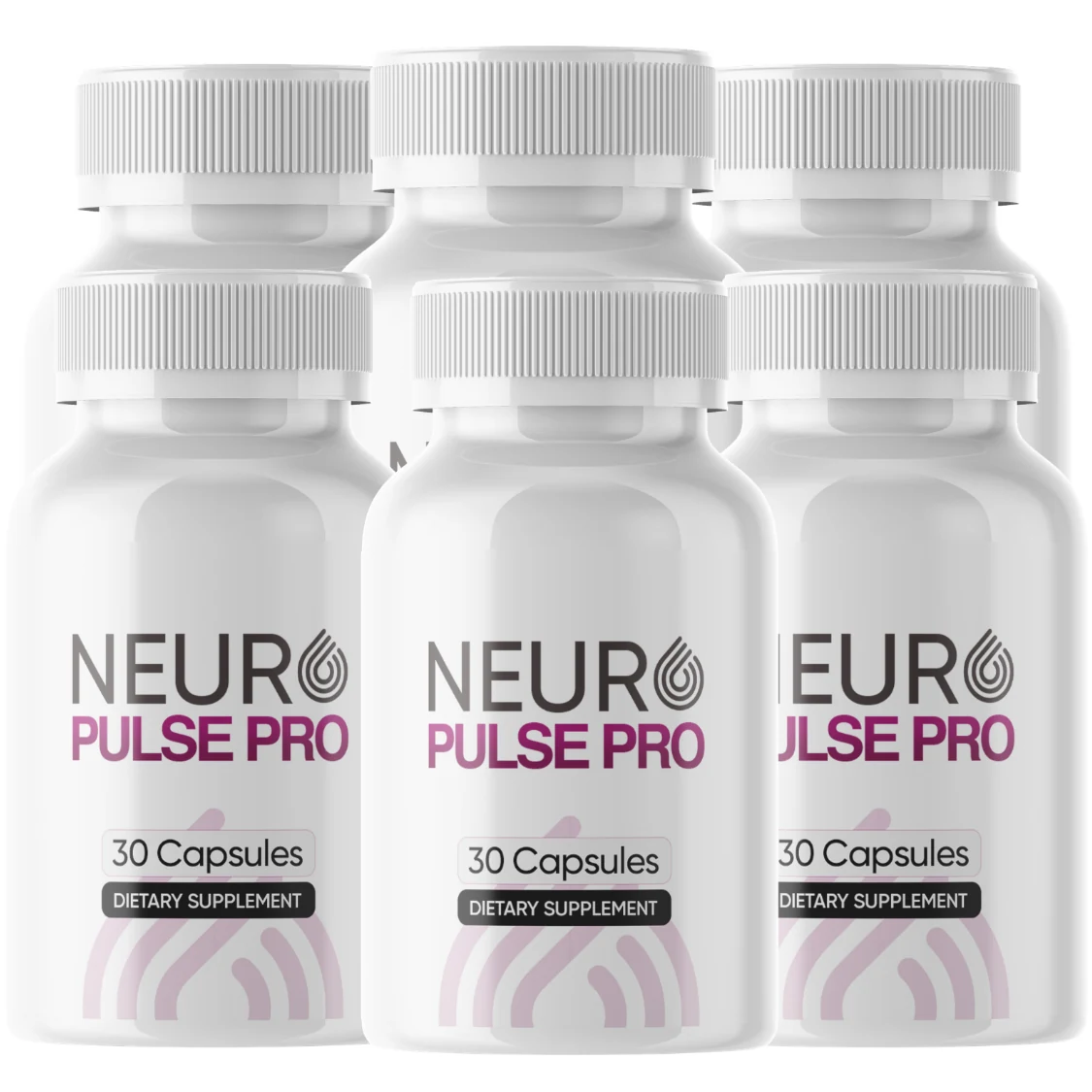 Six bottles of NeuroPulse Pro supplement with magenta labels