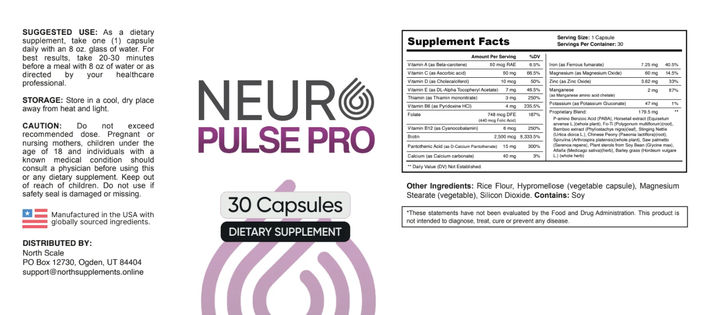 NeuroPulse Pro Supplement Facts label showing the full vitamin, mineral, and proprietary blend panel