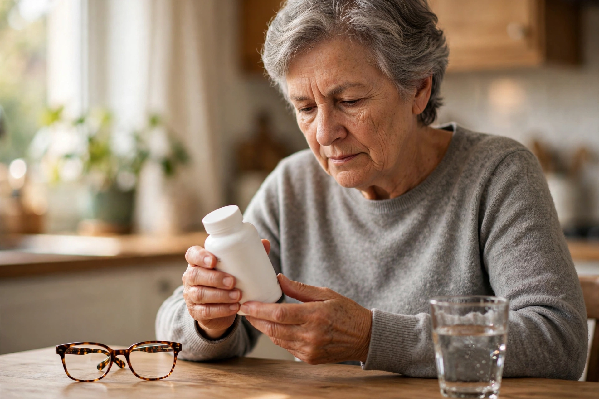 Older adult reading a supplement bottle label closely at a kitchen table