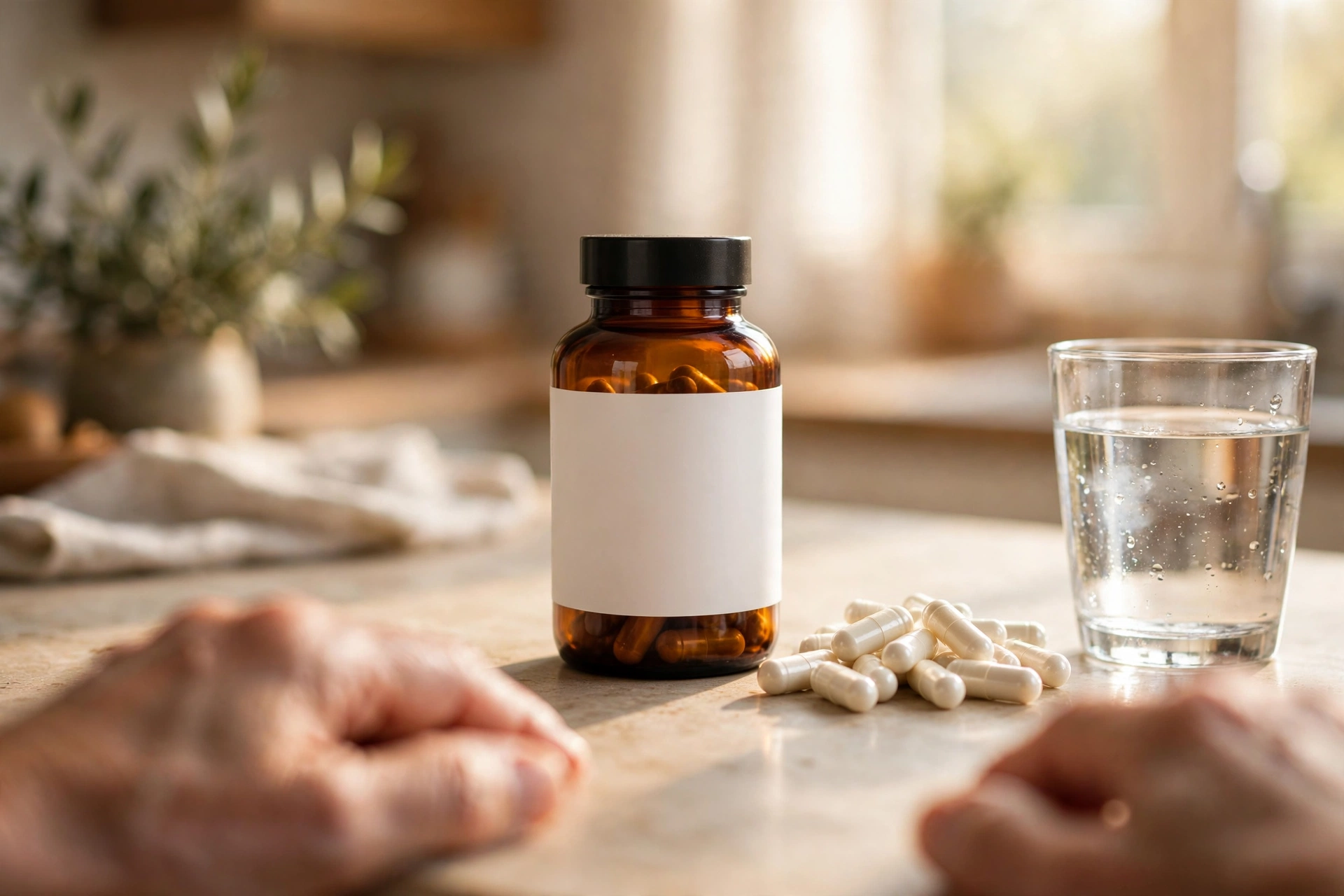 NMN supplement bottle with white capsules and a glass of water on a kitchen counter