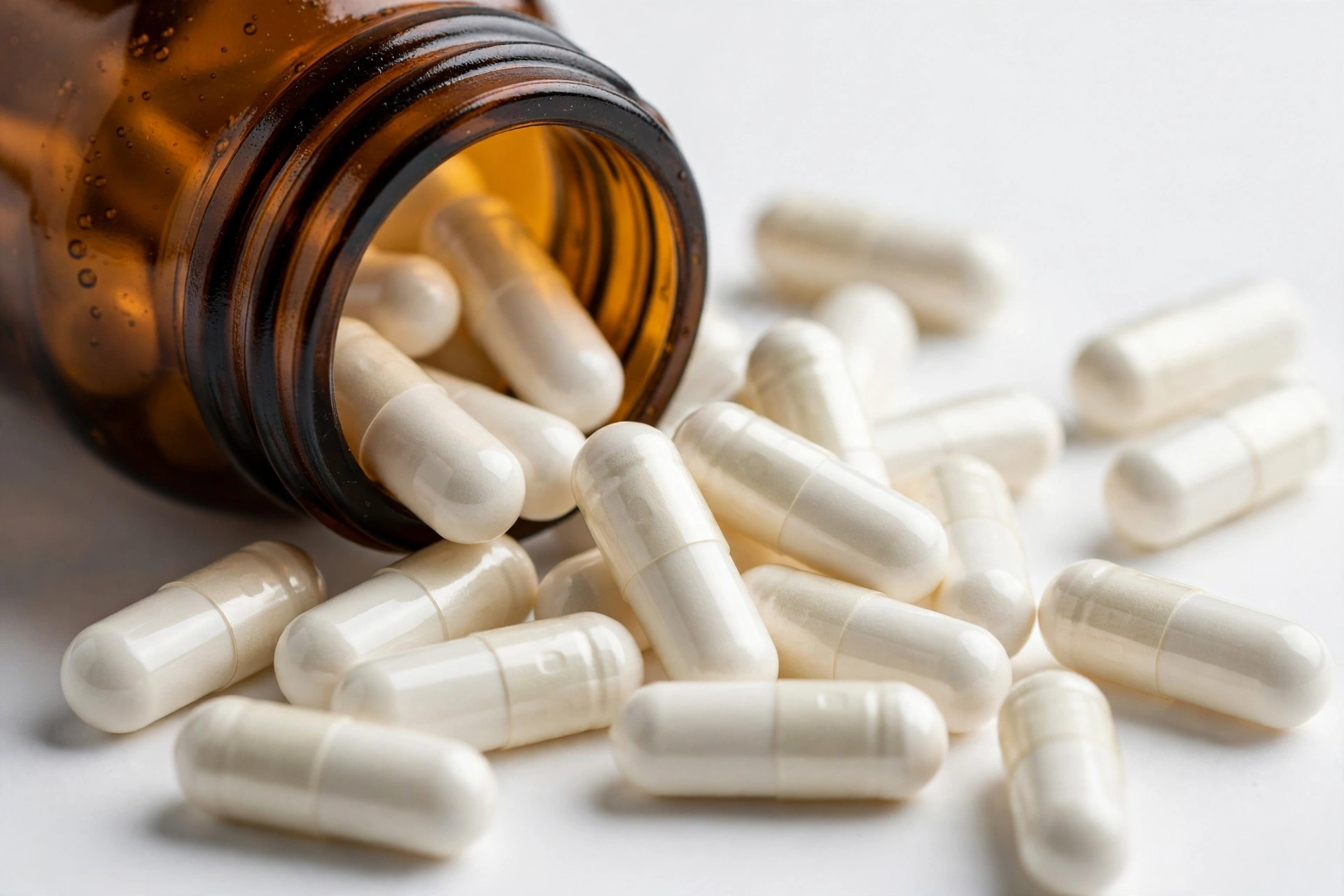 Close-up of white NMN capsules spilling from an amber supplement bottle