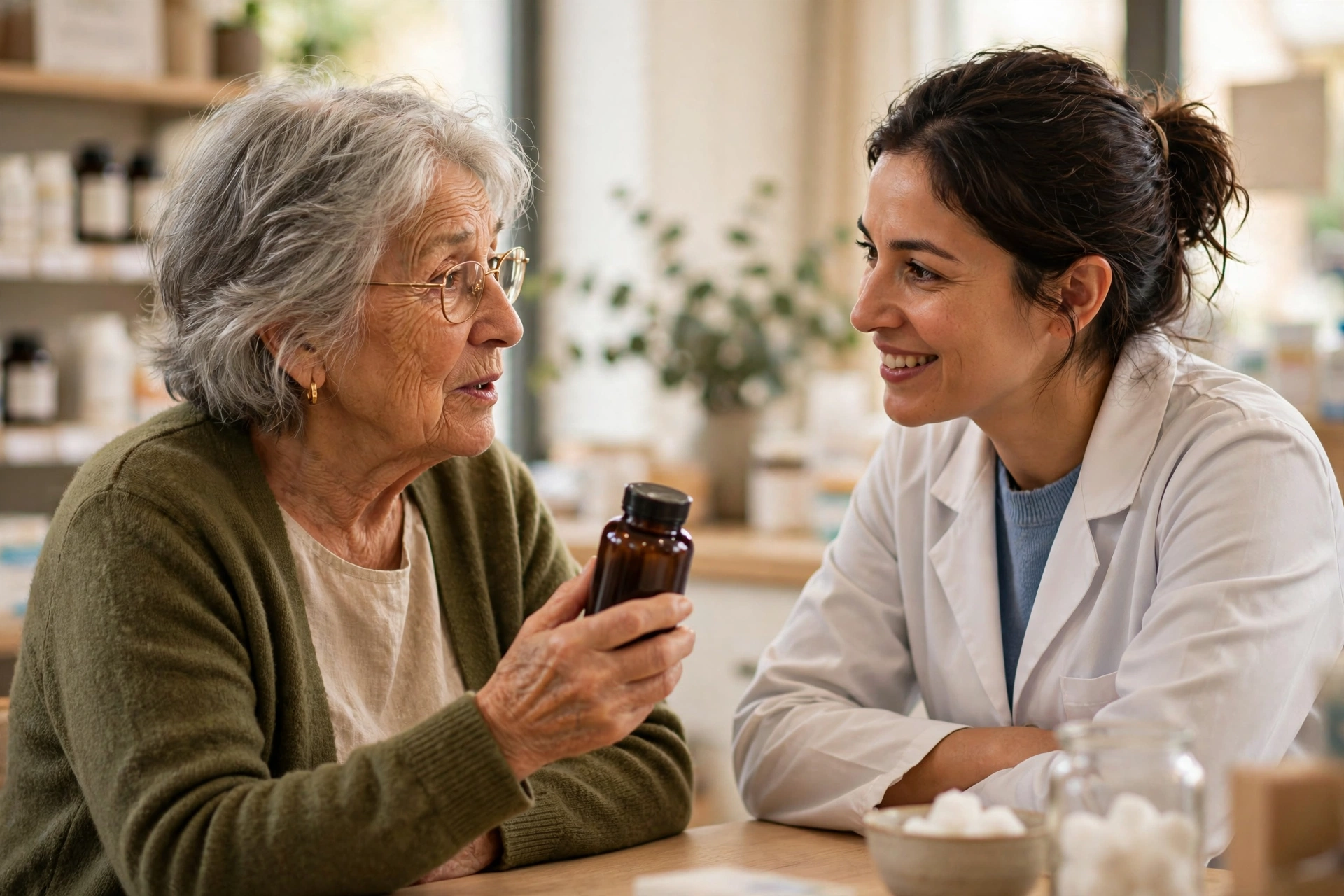 An older woman asking a pharmacist questions while holding a supplement bottle