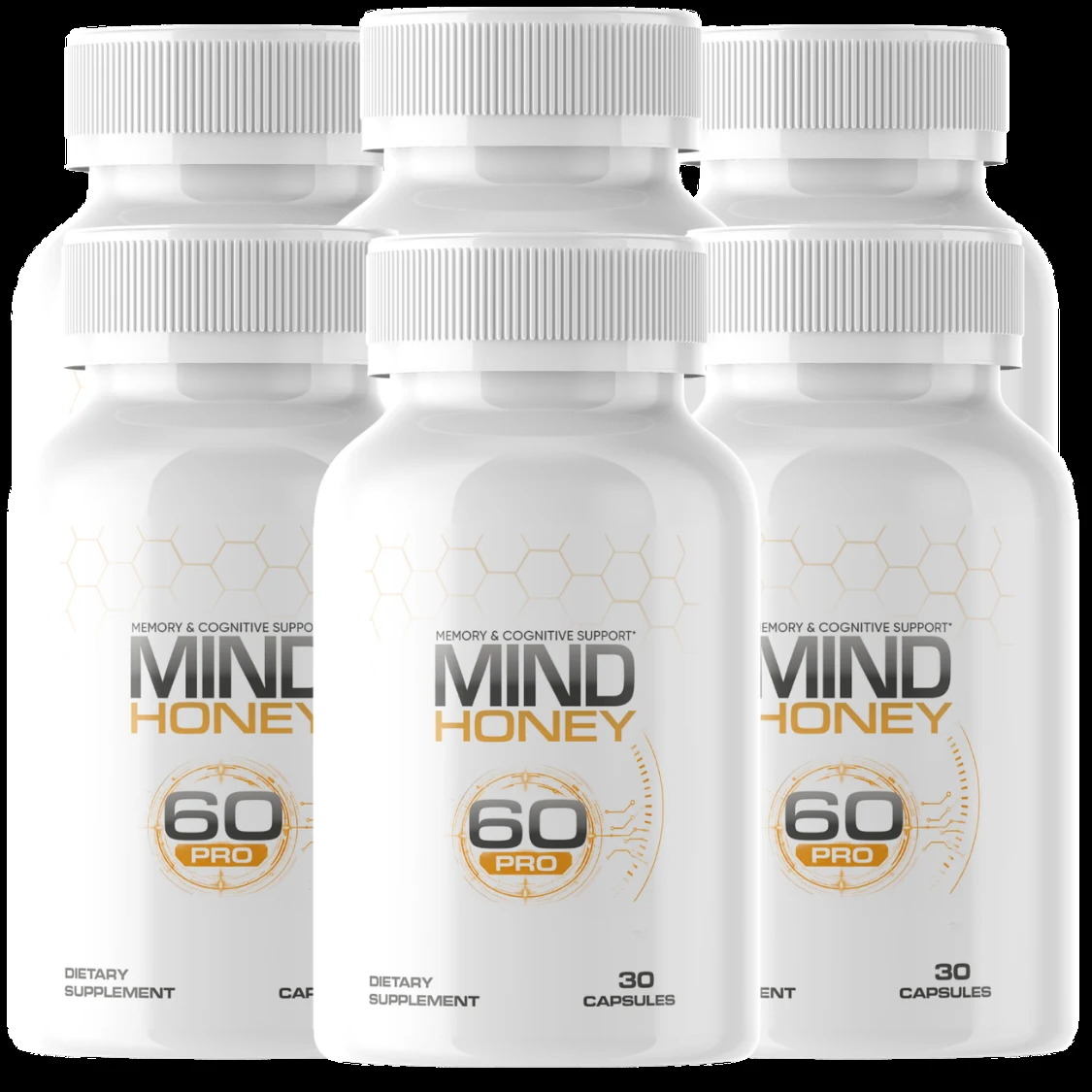 Six bottles of MindHoney Pro capsules, the actual product as sold