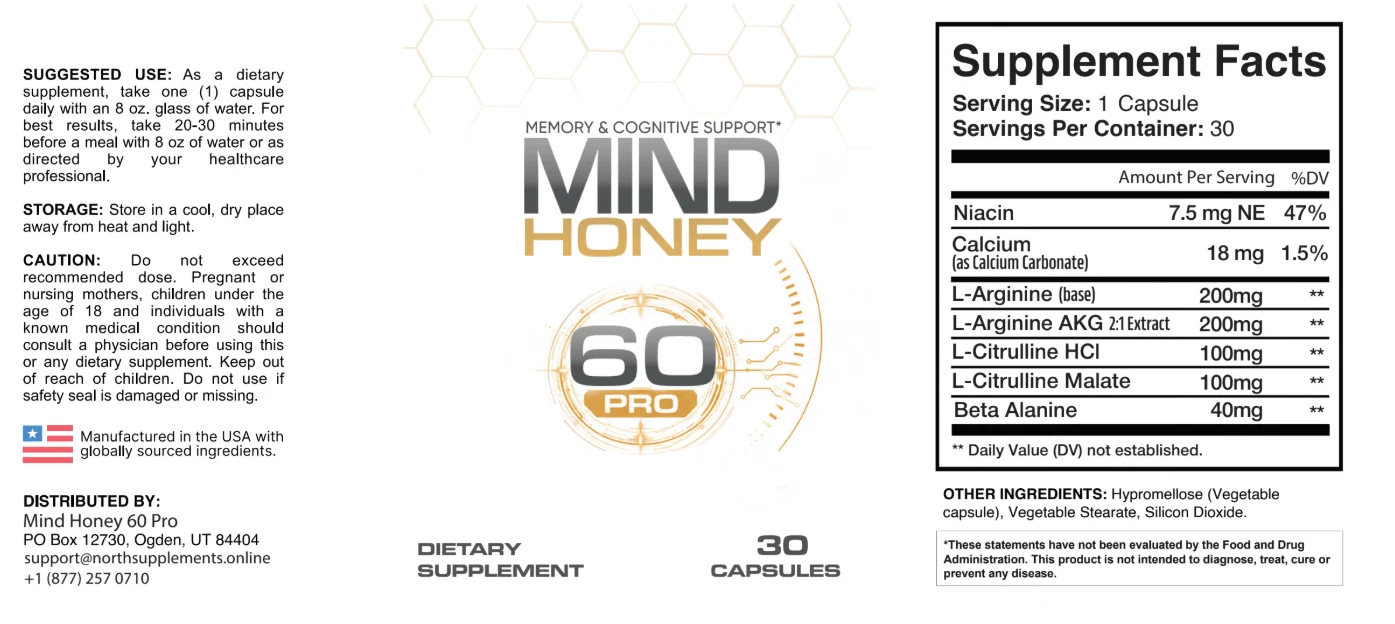 MindHoney Pro Supplement Facts label showing niacin, calcium, L-arginine, L-citrulline, and beta-alanine with doses per capsule