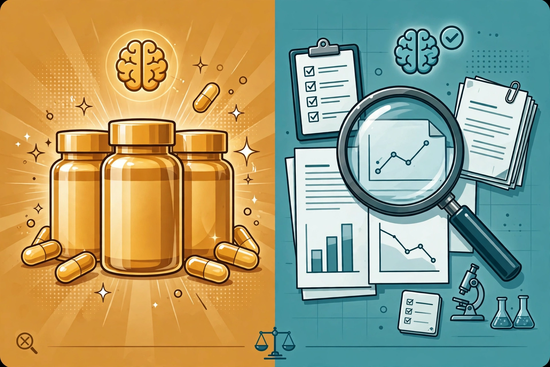 Illustration contrasting bold memory supplement marketing claims with the actual scientific evidence behind them