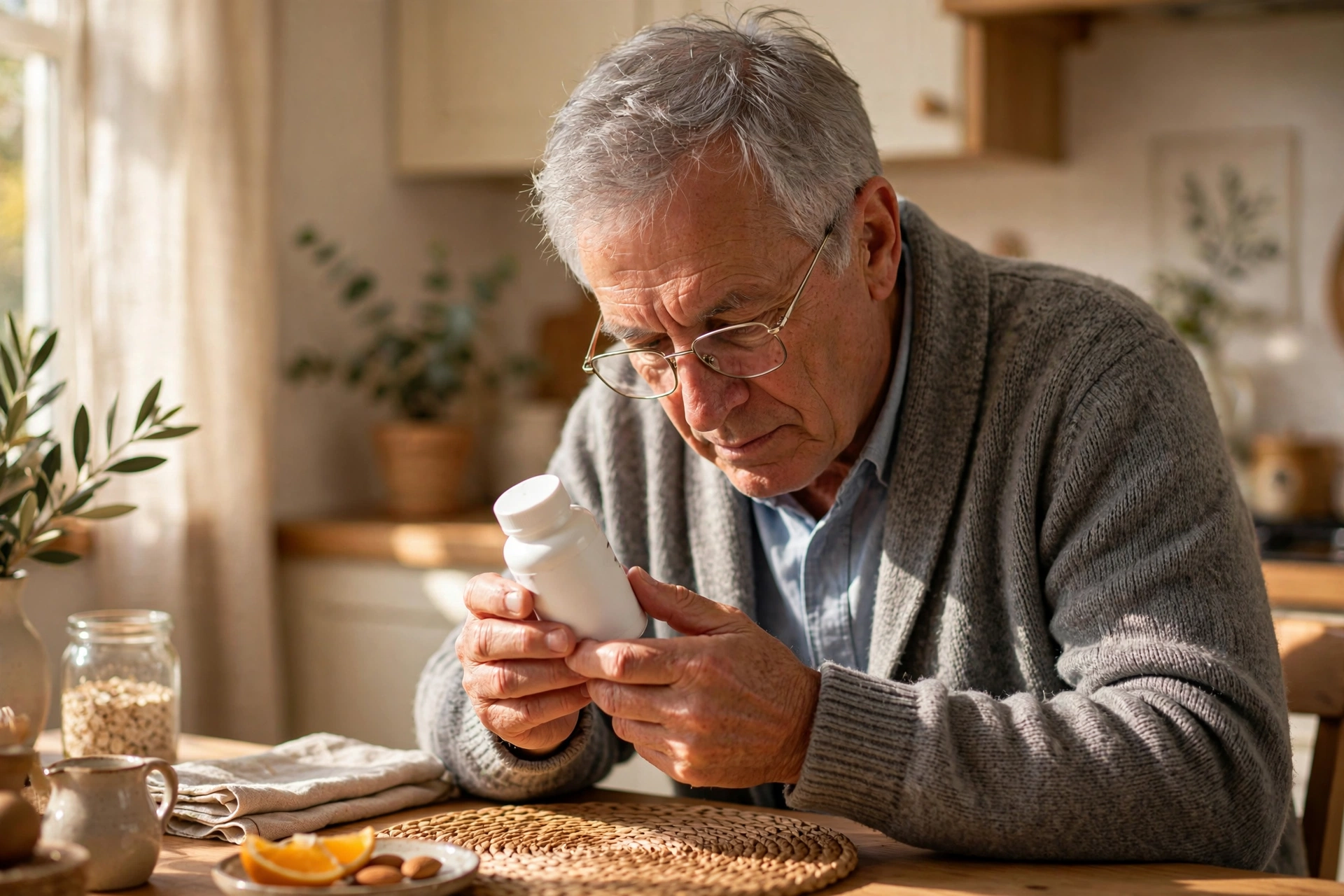 Older adult reading a supplement bottle label closely at a kitchen table