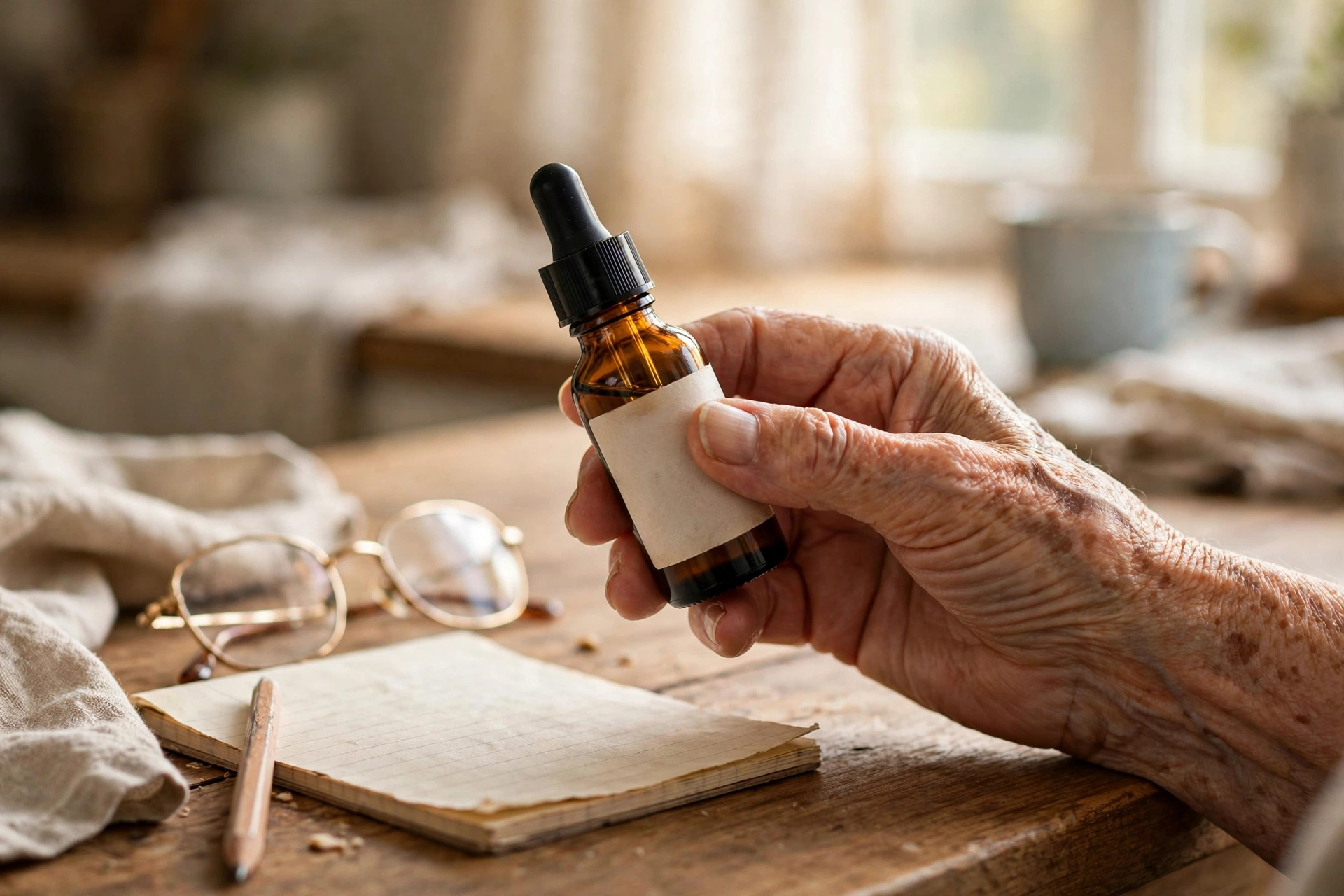 An older woman's hands holding an amber dropper bottle and reading its label at a kitchen table
