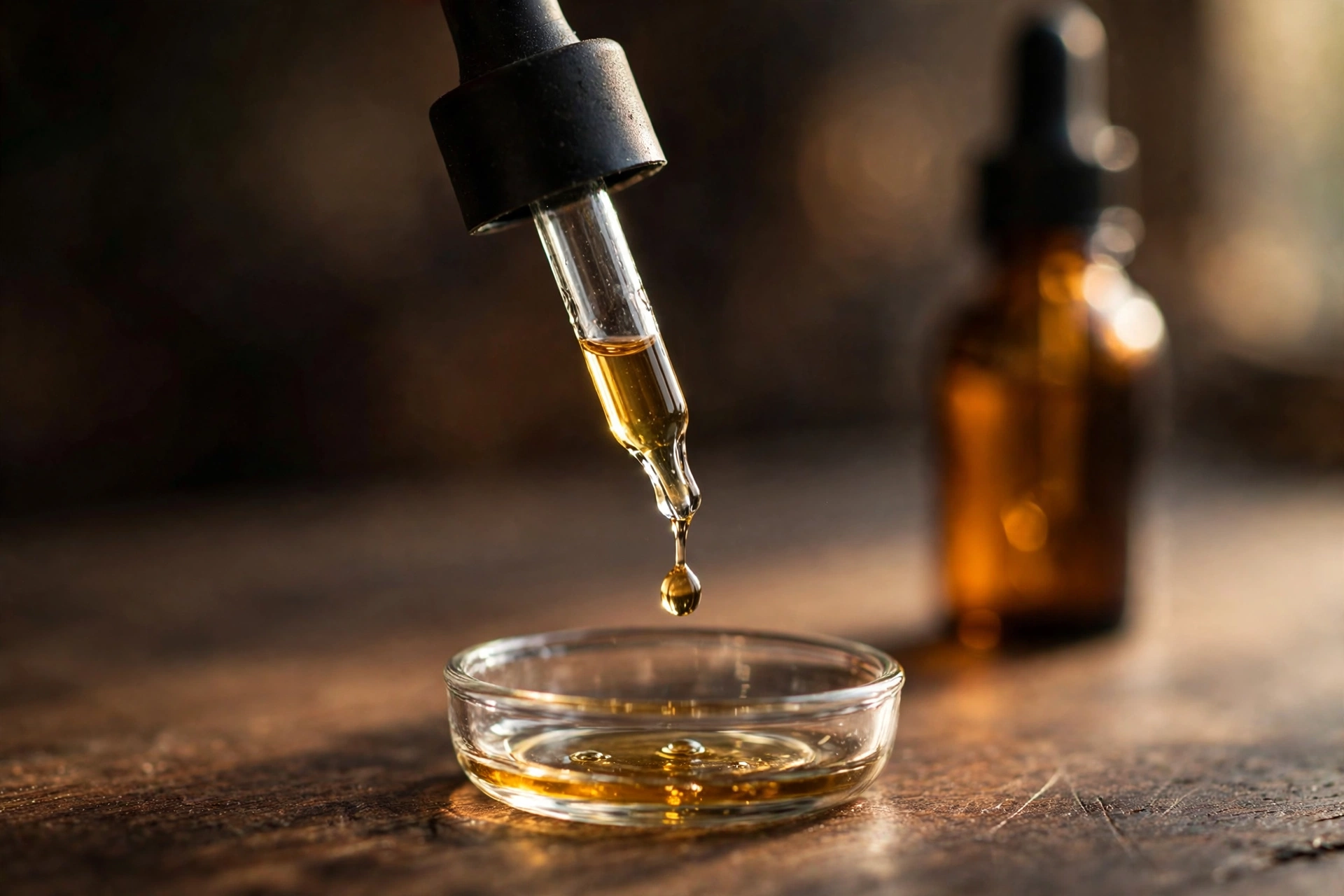 Close-up of a glass dropper dispensing golden liquid drops