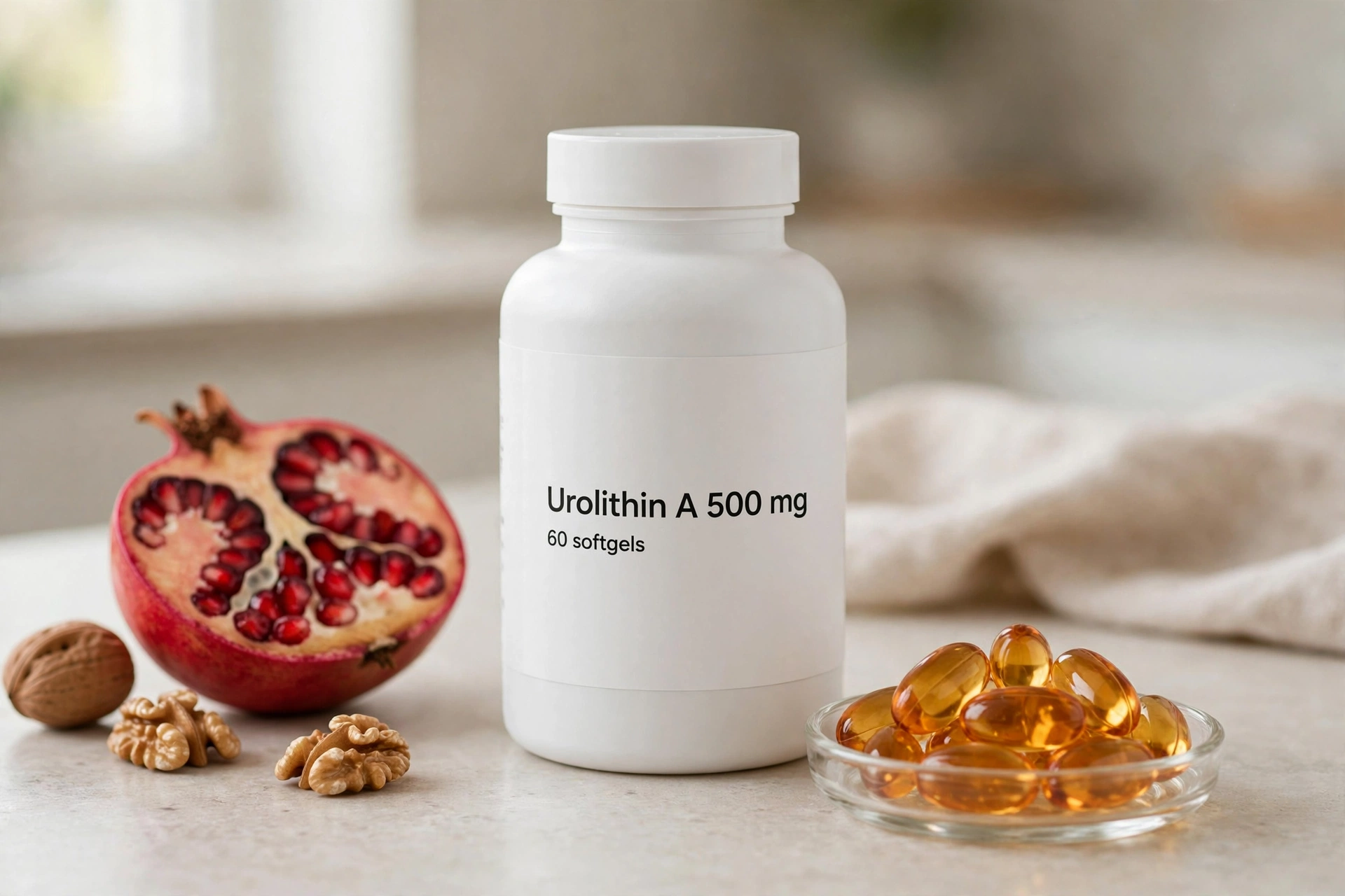 Bottle of urolithin A 500 mg softgel capsules beside softgels and a pomegranate