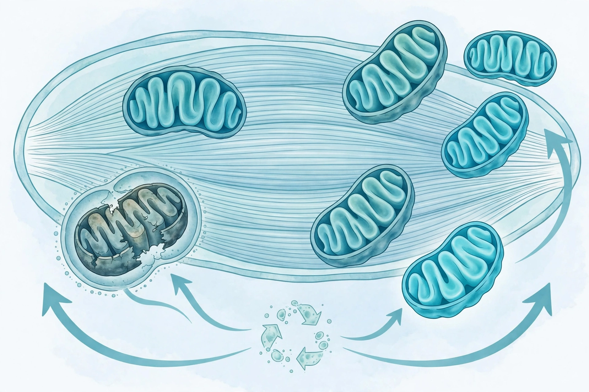 Illustration of mitochondria inside a muscle cell being broken down and recycled into new mitochondria through mitophagy