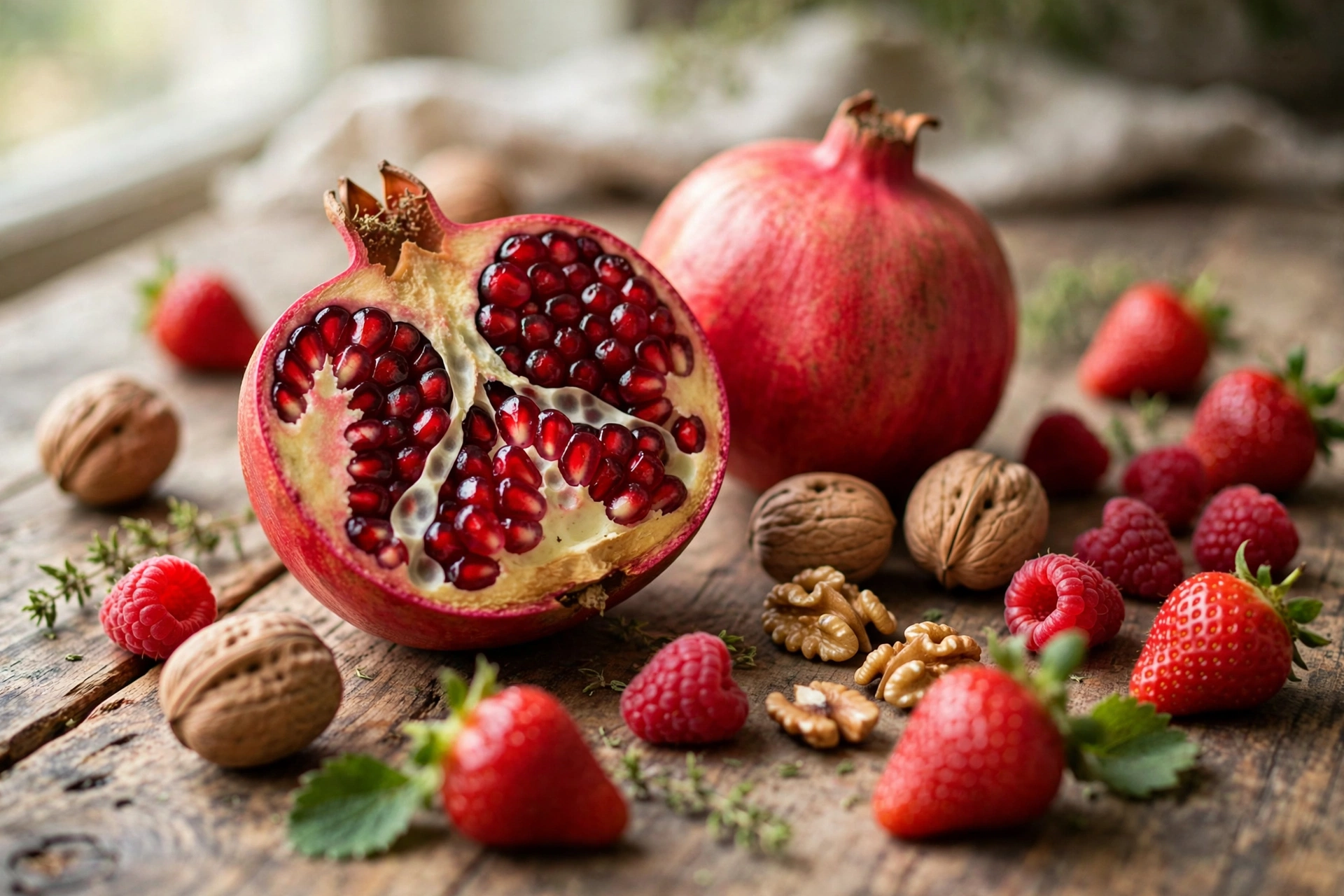 Pomegranates, walnuts, raspberries, and strawberries on a wooden table