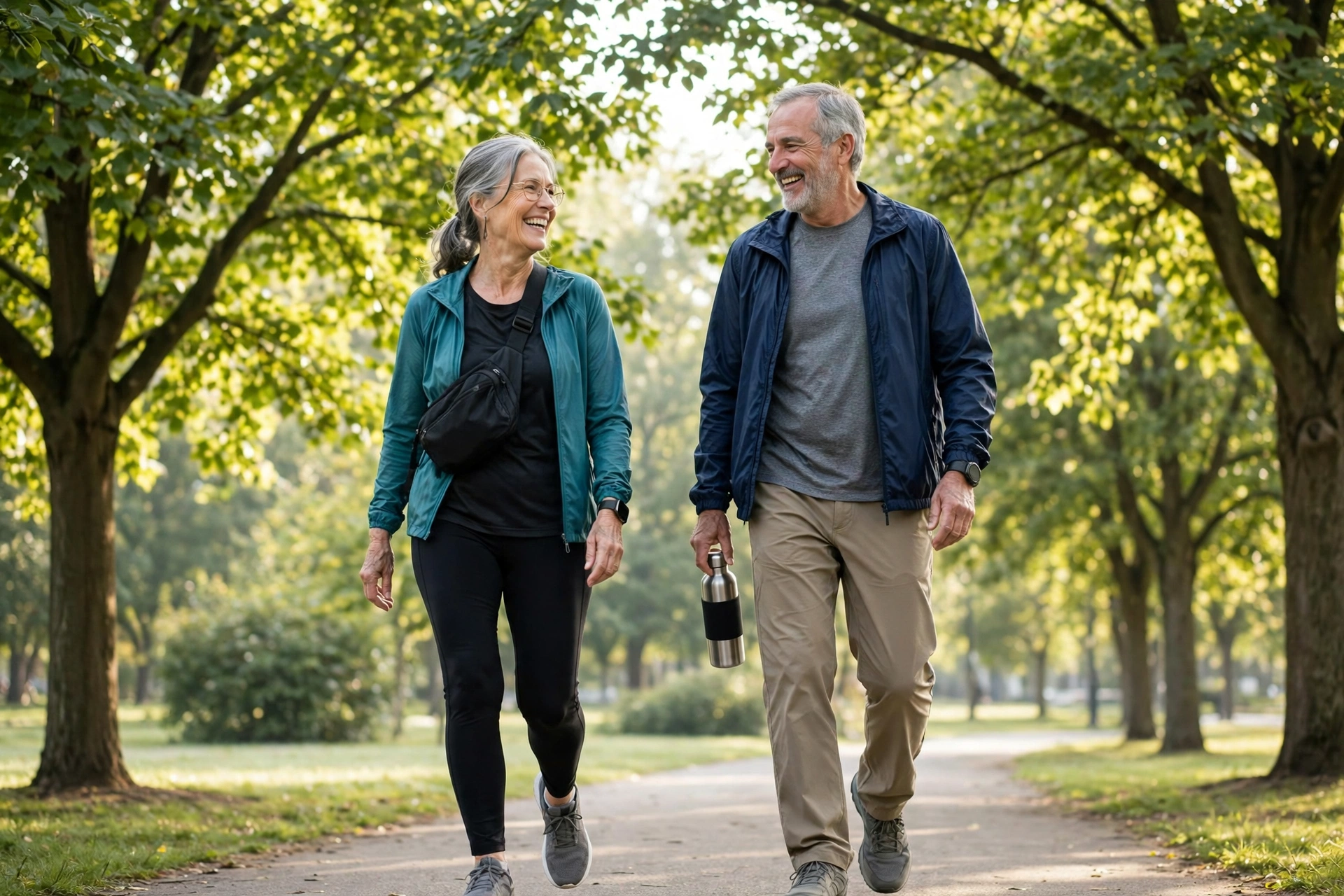 Two active older adults walking together on a park path in the morning