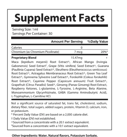 Close-up of the Hawaiian Harmony Supplement Facts panel showing chromium 7 mcg and the 15.47 mg proprietary blend