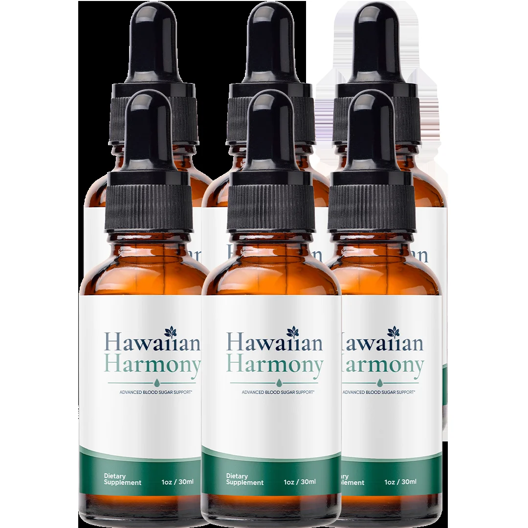 Six white Hawaiian Harmony dropper bottles with gold labels, the actual product sold on its sales page