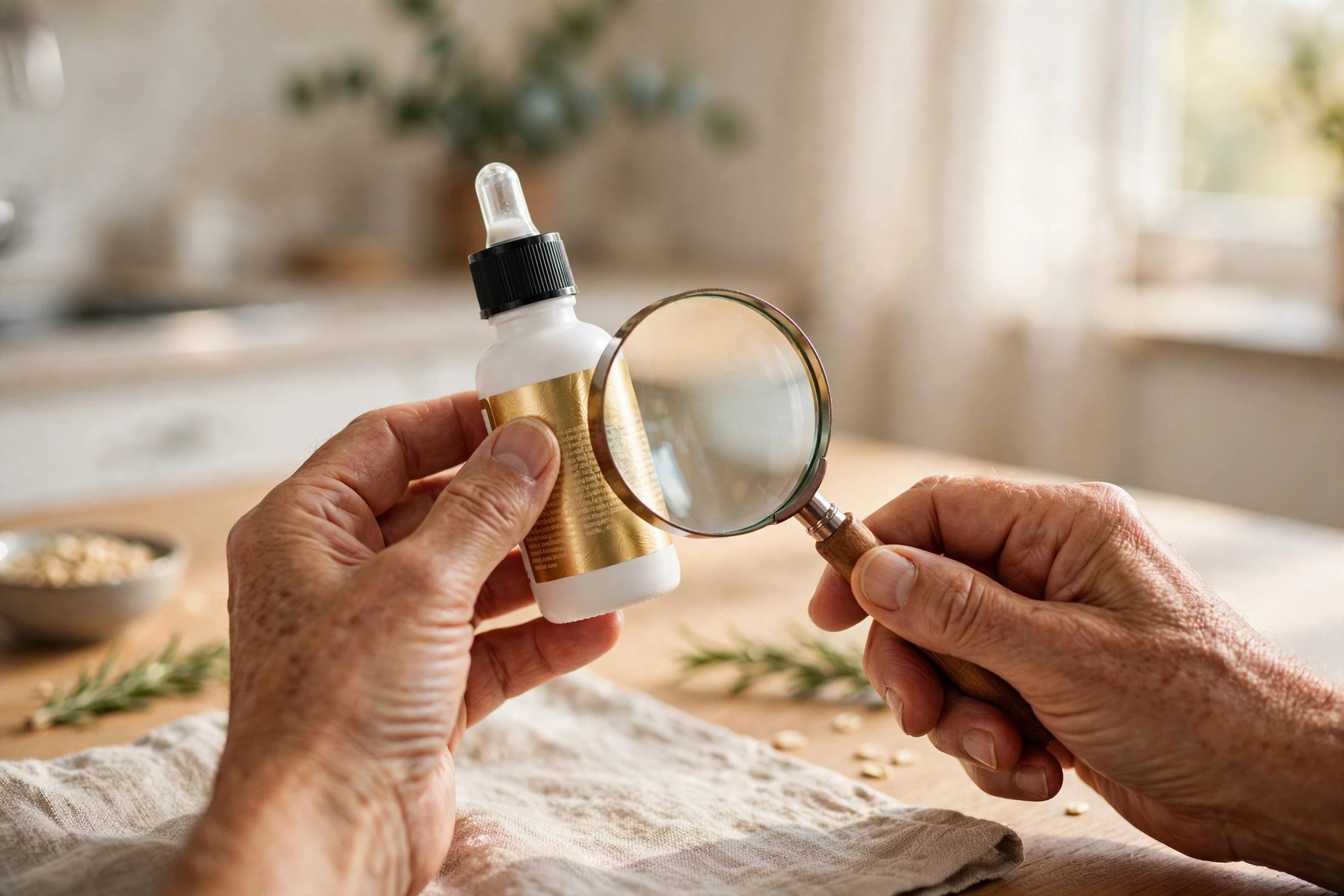 An older adult examining a white dropper supplement bottle label with a magnifying glass at a kitchen table