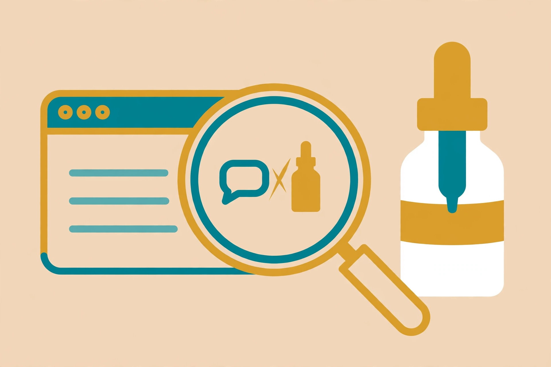 Illustration showing a webpage icon and a supplement bottle icon under a magnifying glass, highlighting that their messages do not match