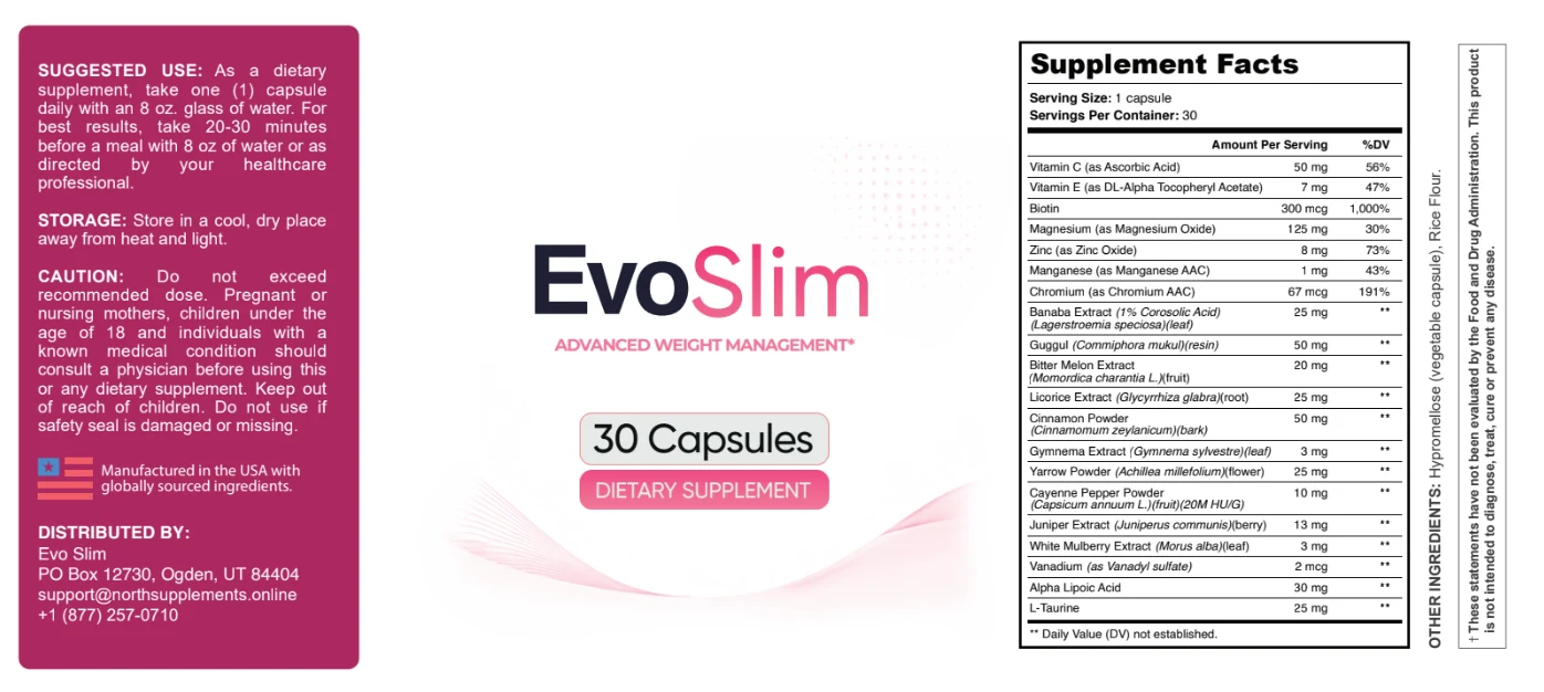 The full Evo Slim Supplement Facts panel showing vitamins, minerals, and botanical extracts with their per-serving amounts, plus distributor details