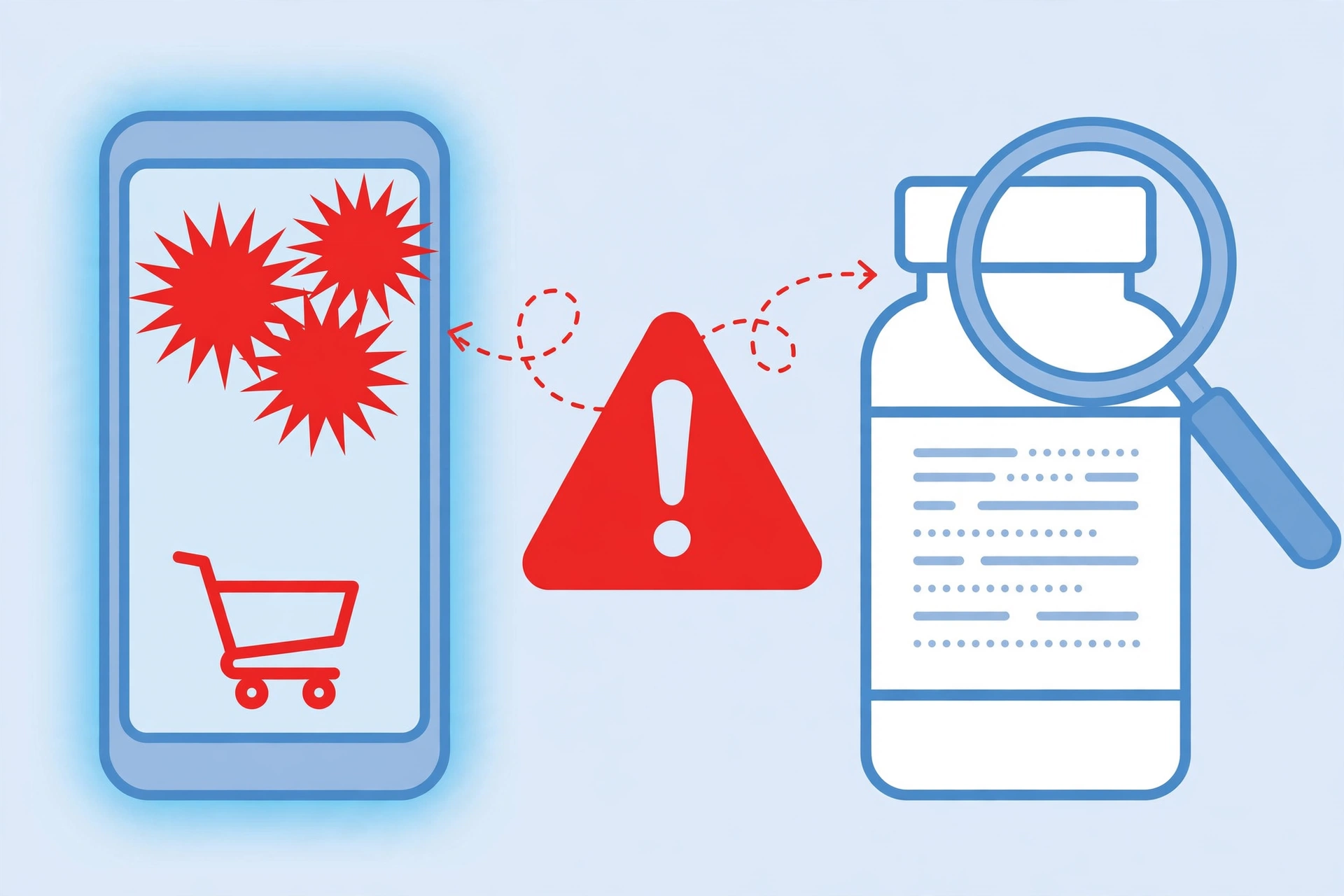 Illustration showing a phone with flashy supplement advertisements on one side and a real supplement bottle under a magnifying glass on the other, with a warning symbol between them