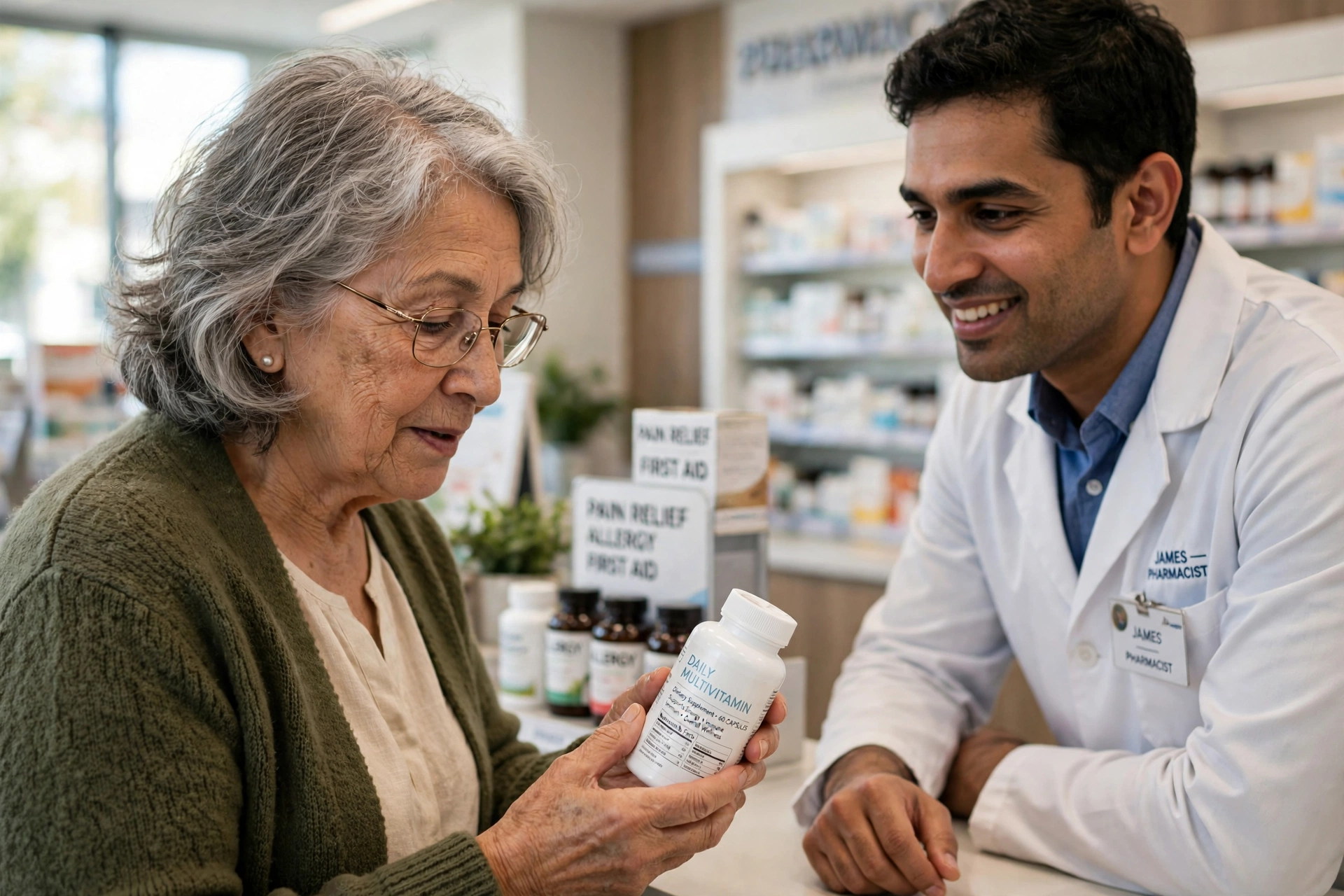 An older woman reading a supplement bottle label while talking with a pharmacist at a pharmacy counter
