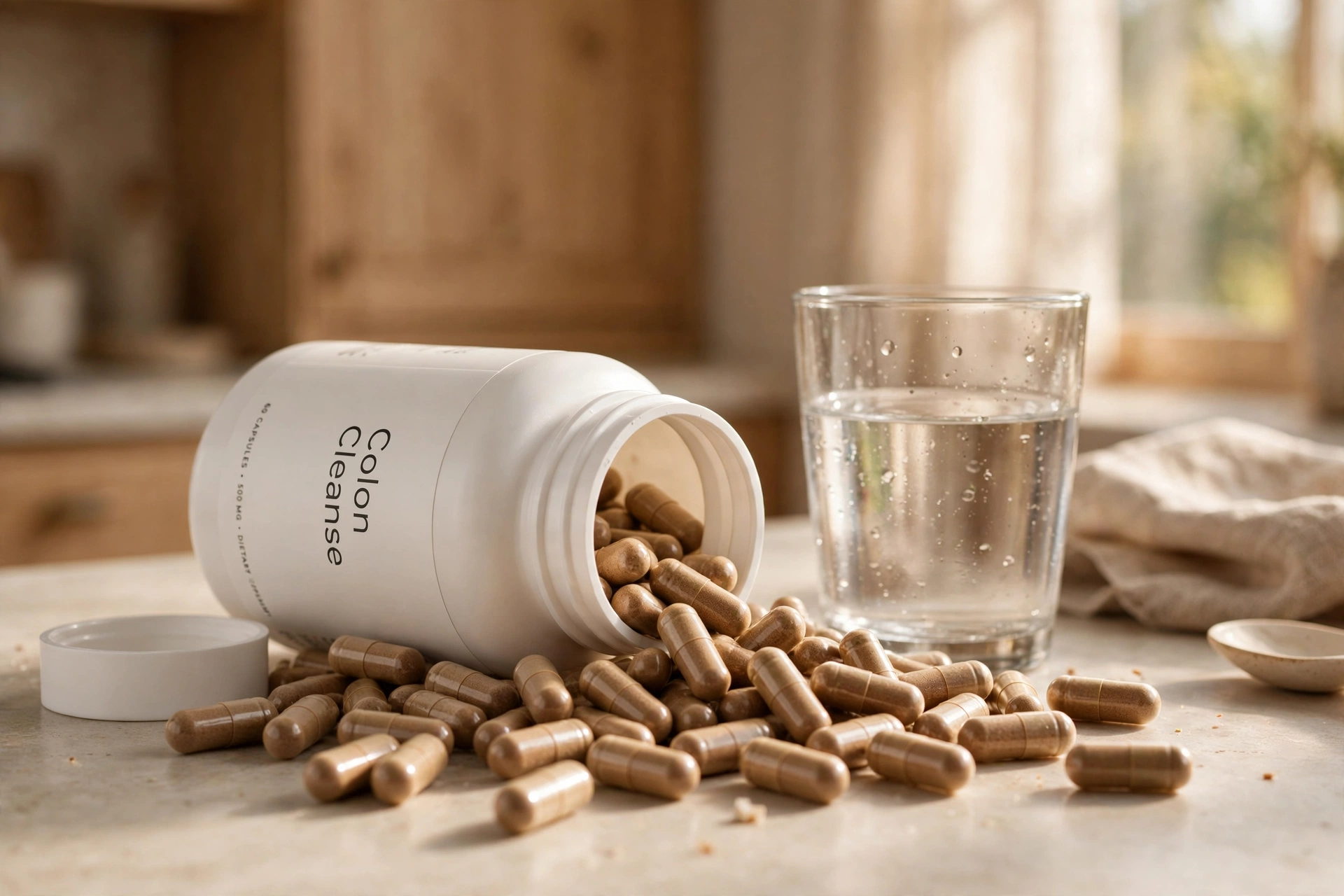 Photorealistic photo of a white Colon Cleanse supplement bottle tipped on its side with brown capsules spilling out beside a glass of water on a kitchen counter