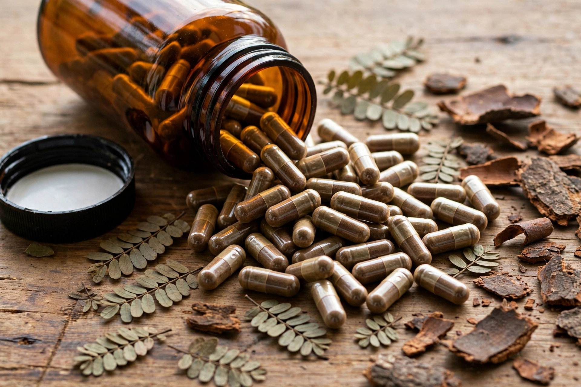 Colon cleanse capsules spilling from an open supplement bottle next to senna leaves, showing the stimulant laxative form of the product