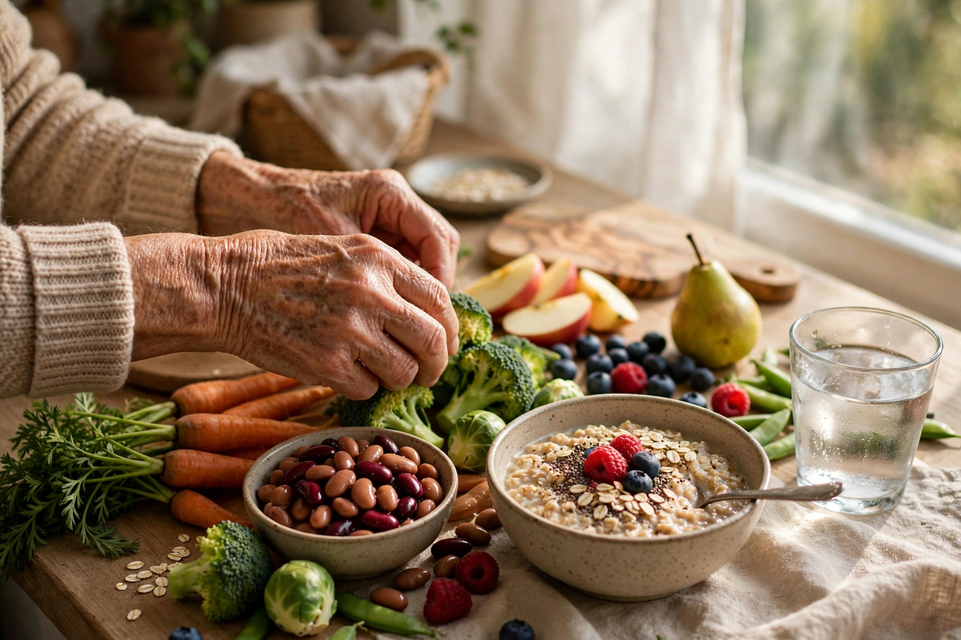 Older adult choosing fiber-rich foods like vegetables, beans, and fruit at a kitchen counter with a glass of water