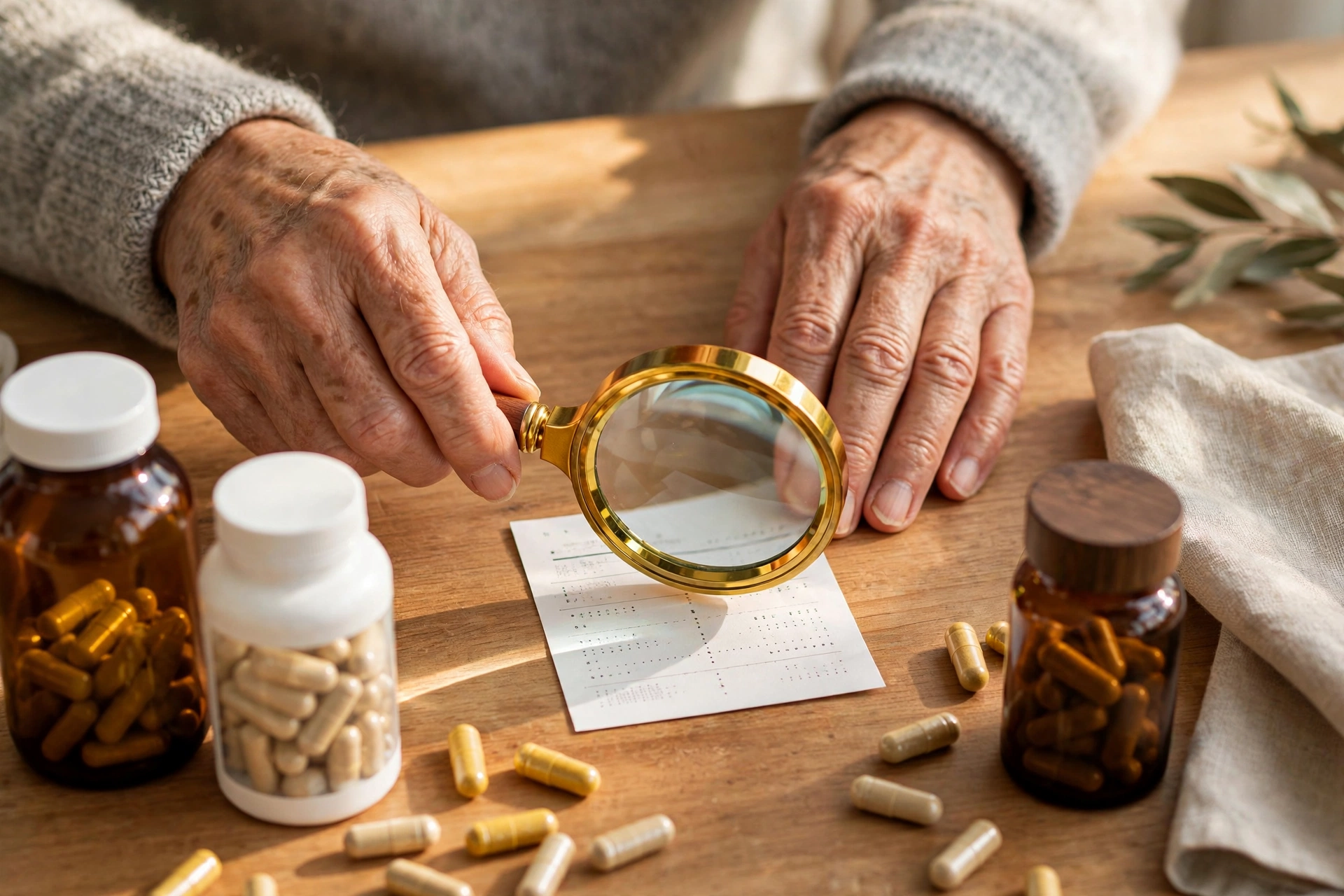 Older adult's hands holding a magnifying glass over a supplement facts label, with supplement bottles and capsules on a wooden table