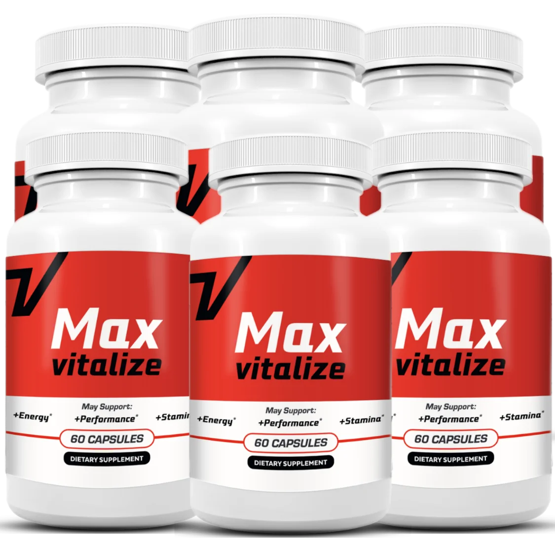 Six white bottles of Max Vitalize with red labels, as shown on the product's sales page