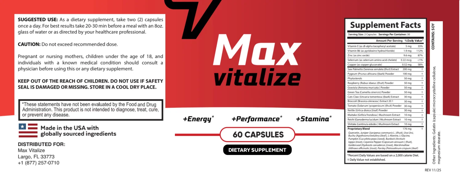 The Max Vitalize Supplement Facts panel showing the full ingredient list with per-serving amounts and distributor details
