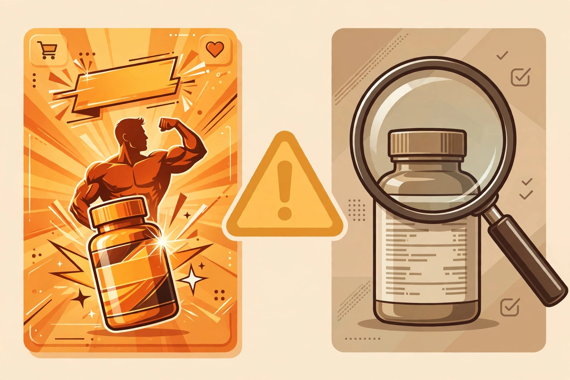 Illustration contrasting a flashy supplement advertisement with a magnifying glass over a real product label, warning that the pitch and the label do not match