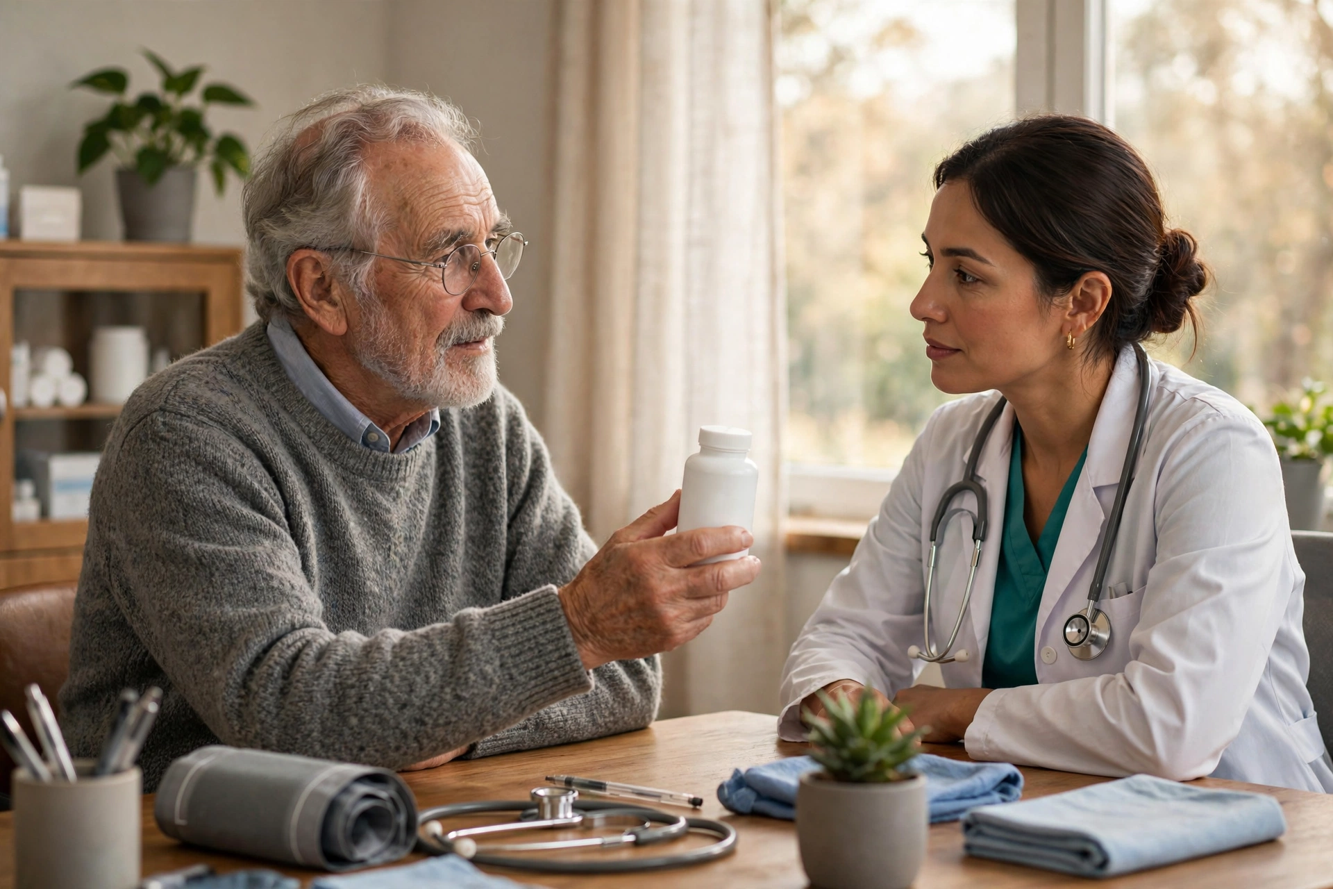 An older man showing a supplement bottle to his doctor during a clinic visit