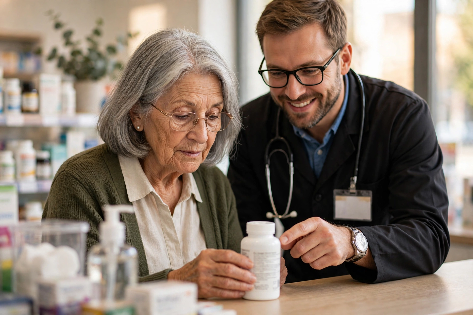 Senior woman reading a supplement label with a pharmacist at a pharmacy counter