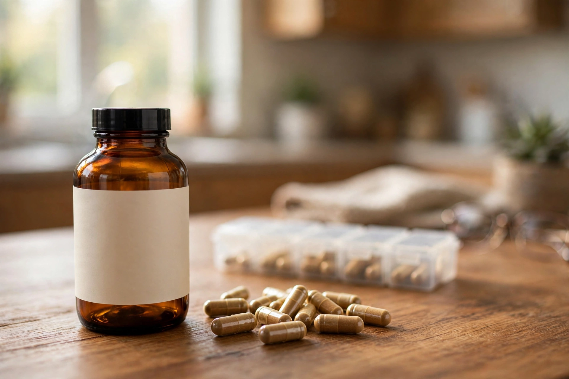 Amber supplement bottle with golden rhodiola capsules on a kitchen table next to a pill organizer