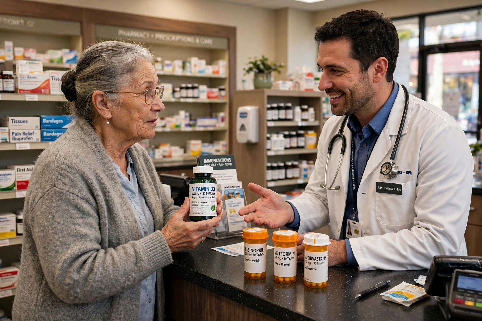 Senior woman discussing a supplement bottle with a pharmacist at a pharmacy counter with prescription medications nearby